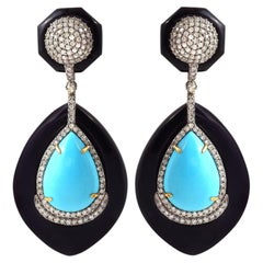 65.08 Carat Turquoise, Black Onyx, and Diamond Earrings in Contemporary Style