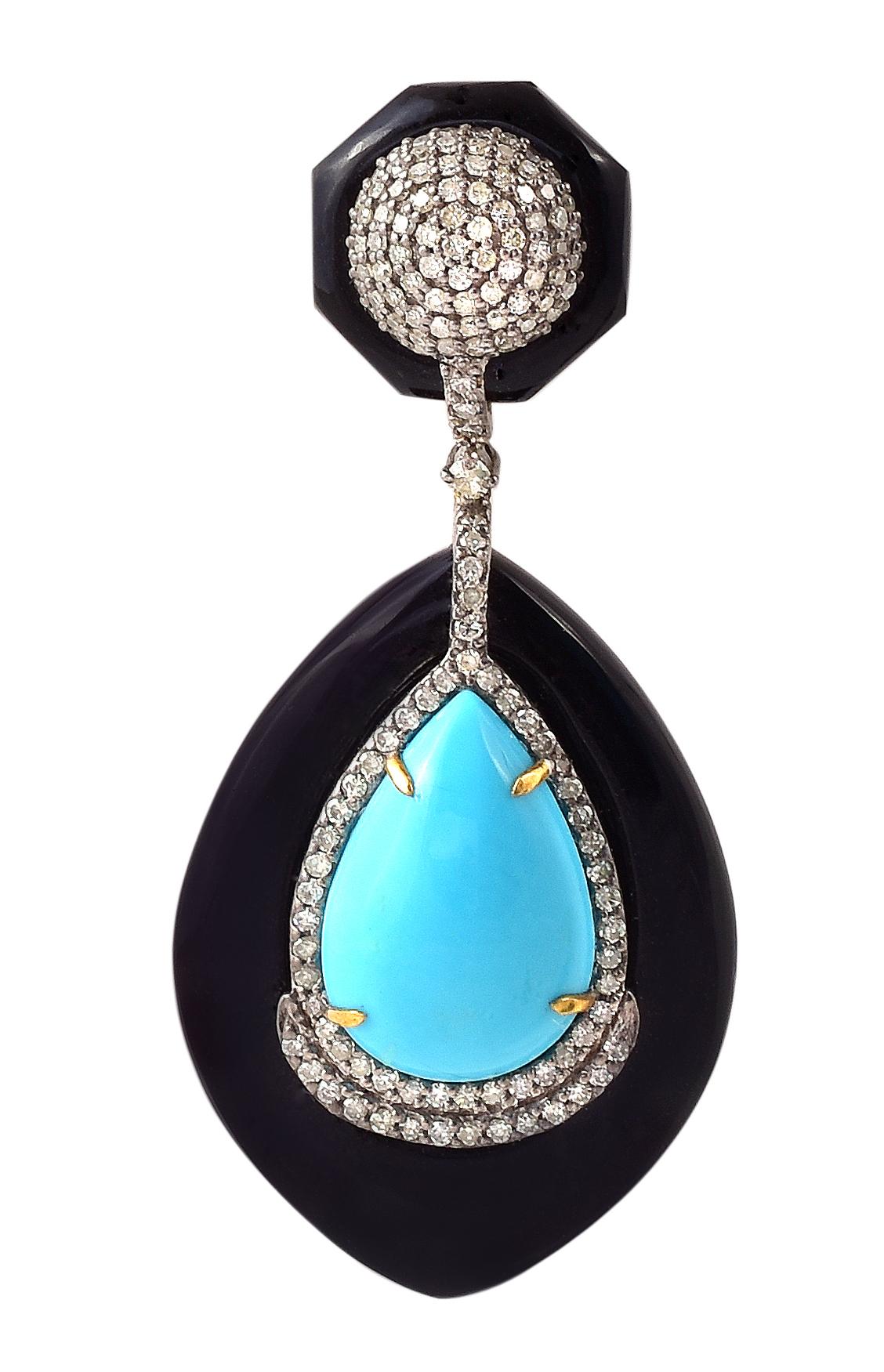 Women's 65.08 Carat Turquoise, Black Onyx, and Diamond Earrings in Contemporary Style For Sale