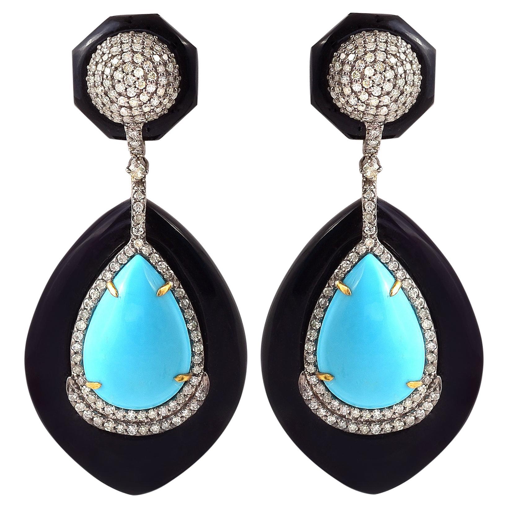 65.08 Carat Turquoise, Black Onyx, and Diamond Earrings in Contemporary Style