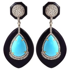 65.08 Carat Turquoise, Black Onyx, and Diamond Earrings in Contemporary Style