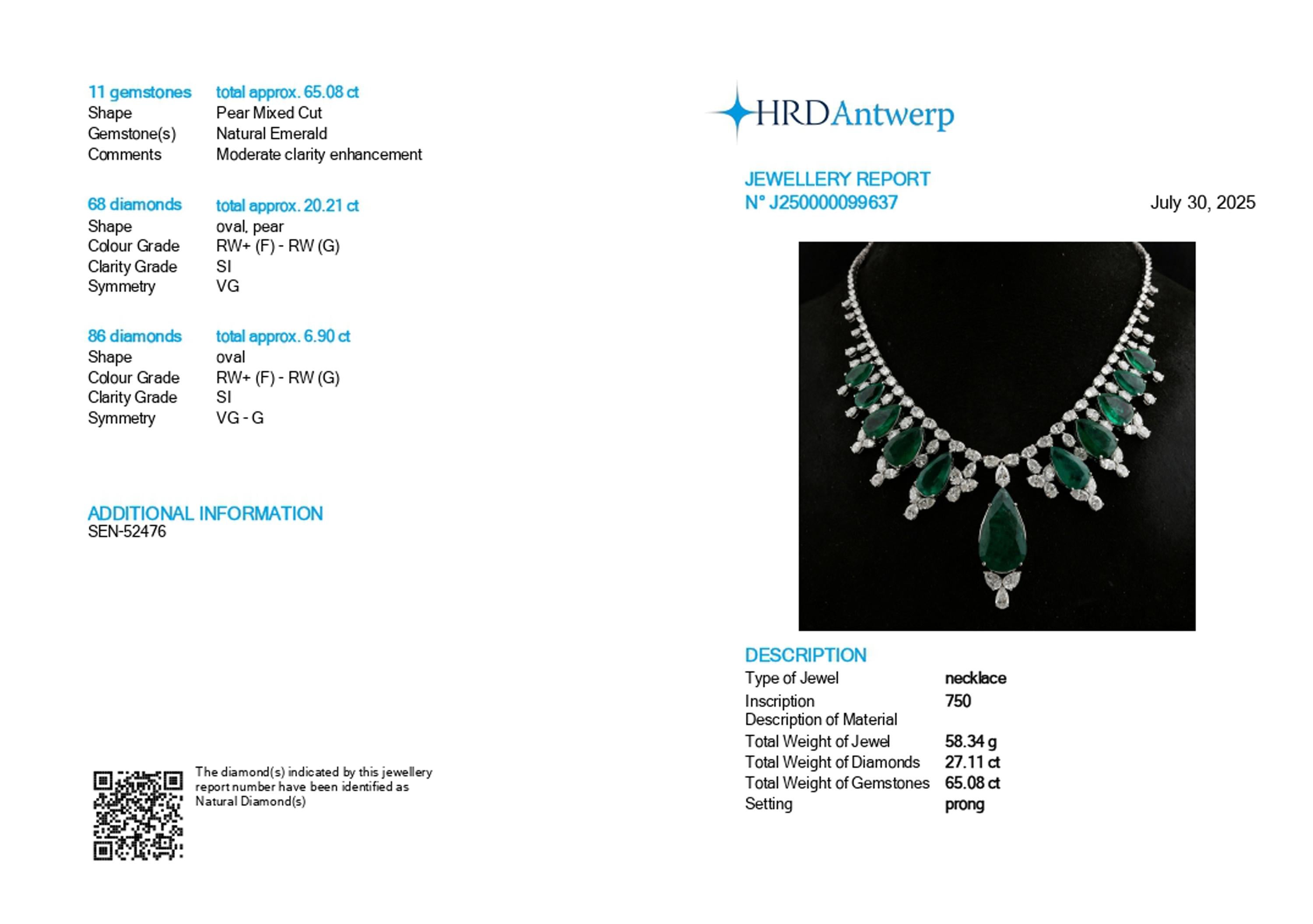 65,08 Karat sambischer Smaragd 27 Karat SI/H Diamant-Halskette 18 Karat Weißgold im Zustand „Neu“ im Angebot in Diera, Dubai