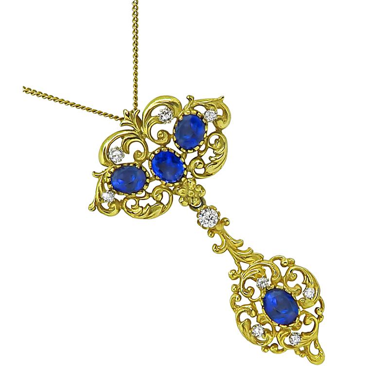 Oval Cut 6.50ct Sapphire 0.50ct Diamond Gold Pendant Necklace For Sale
