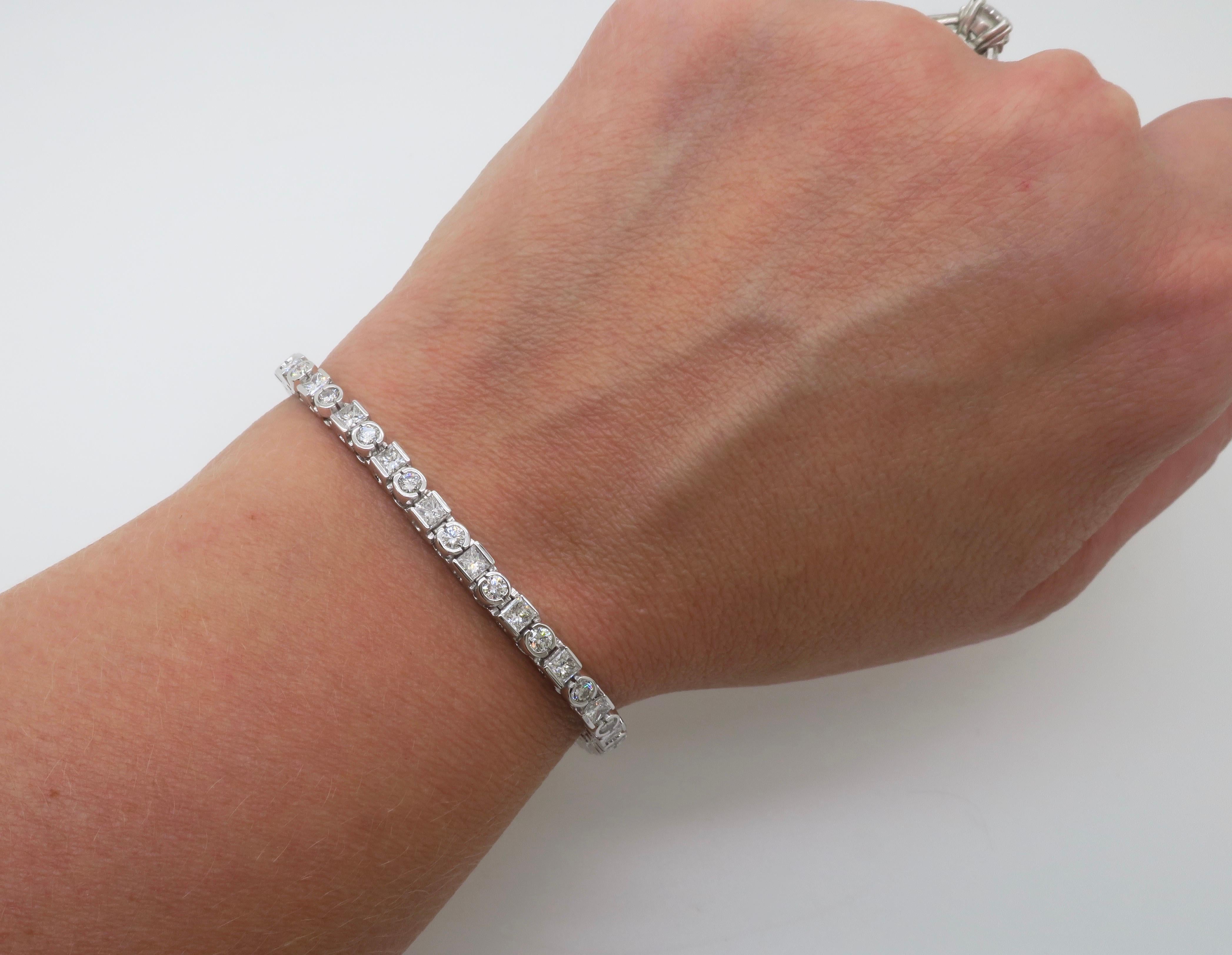 Princess & Round Brilliant cut diamond bracelets made in 14k white gold with 6.50ctw of diamonds. 

Gemstone: Earth Mined Diamond
Diamond Carat Weight: 6.50CTW - stamped 
Diamond Cut: Round Brilliant & Princess Cut 
Color: E-H
Clarity: