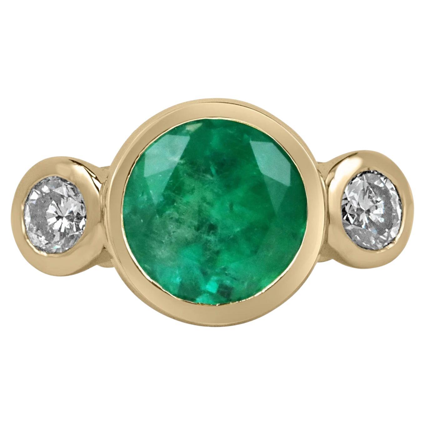 6.50tcw AAA Round Colombian Emerald & Round VS Diamond Three Stone Ring 18k  For Sale