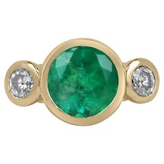 6.50tcw AAA Round Colombian Emerald & Round VS Diamond Three Stone Ring 18k 