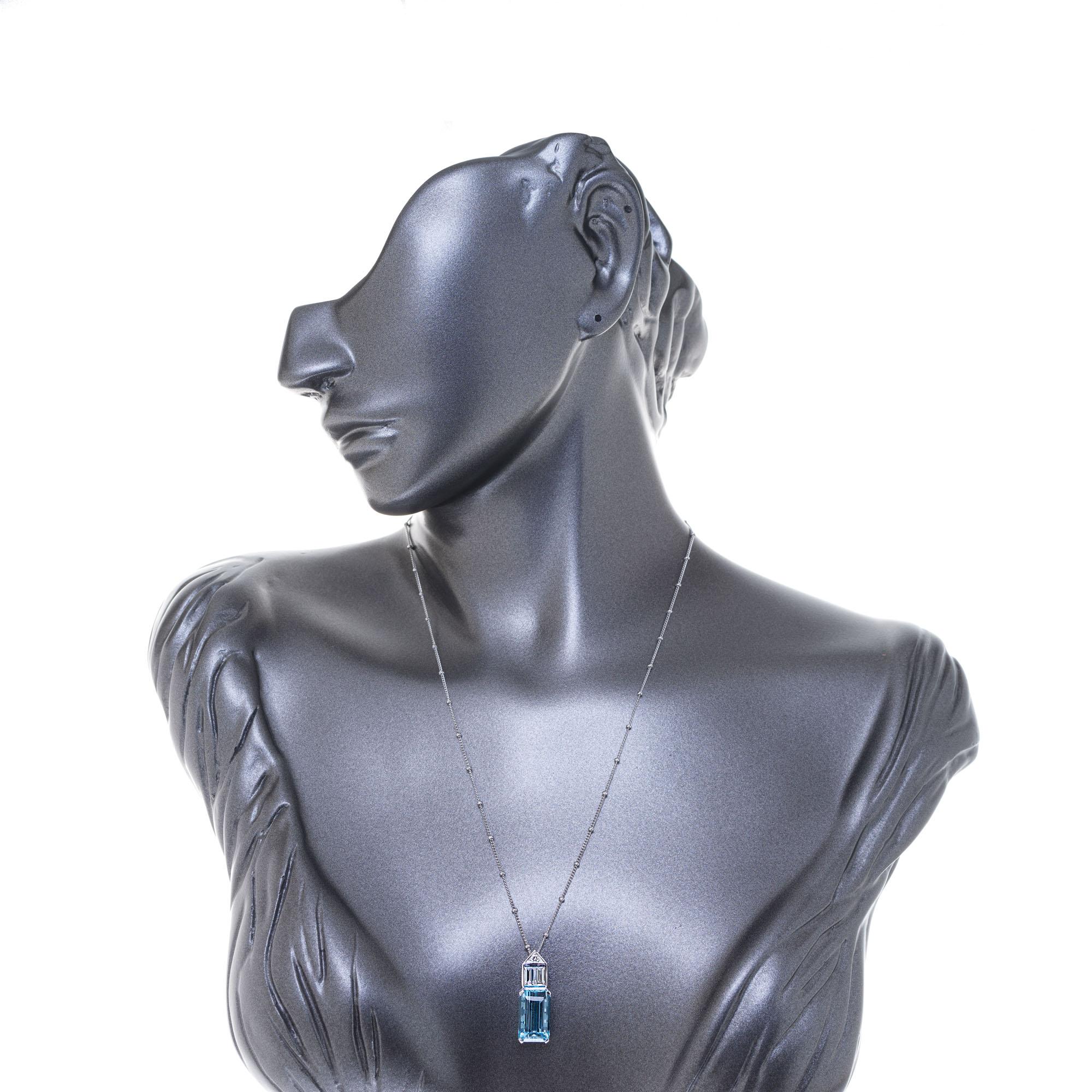6.51 Carat Aqua Diamond Platinum Art Deco Pendant Necklace In Good Condition In Stamford, CT