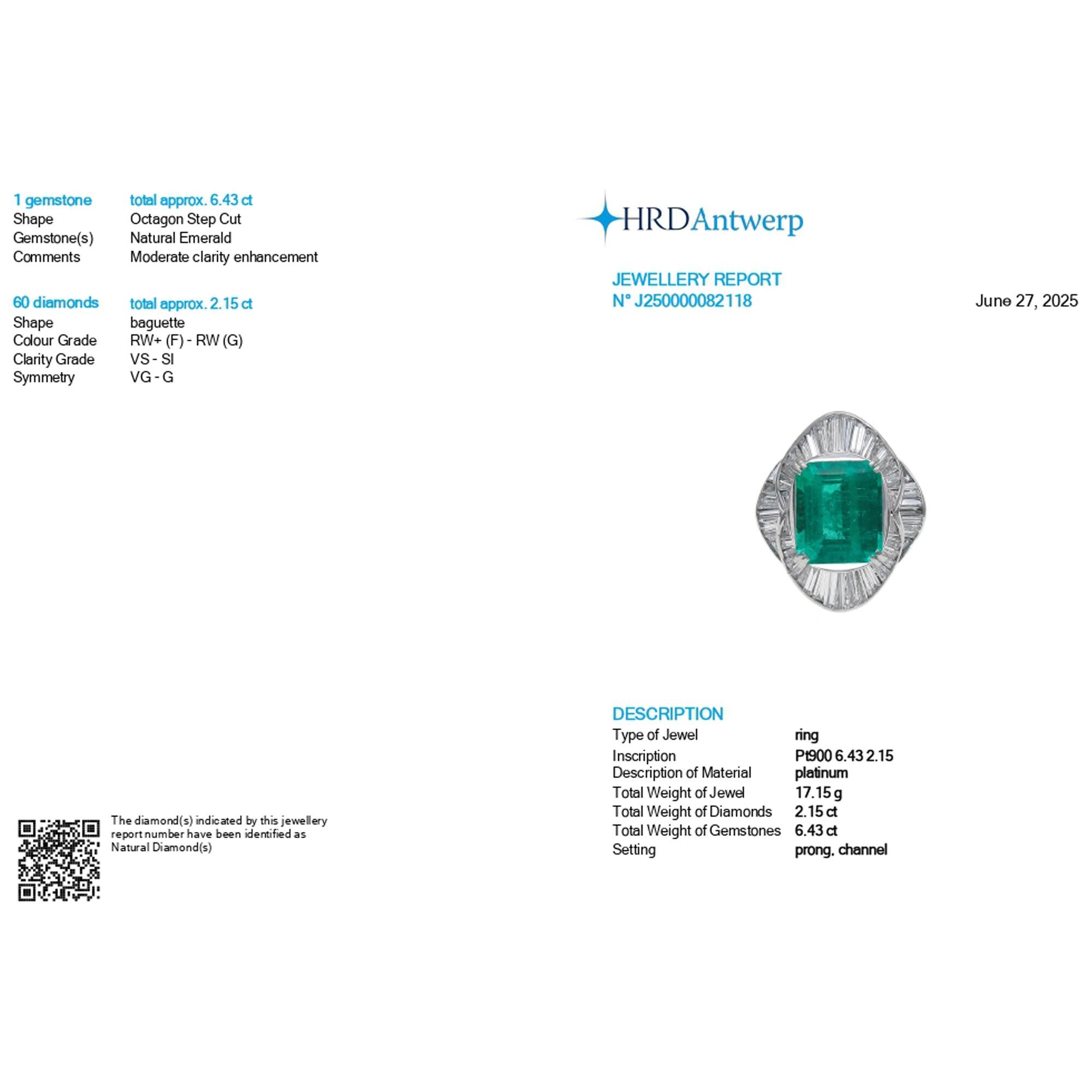 For Sale:  6.51 Carat Colombian Emerald 4 Carat VS Clarity Diamond Platinum Cocktail Ring 12