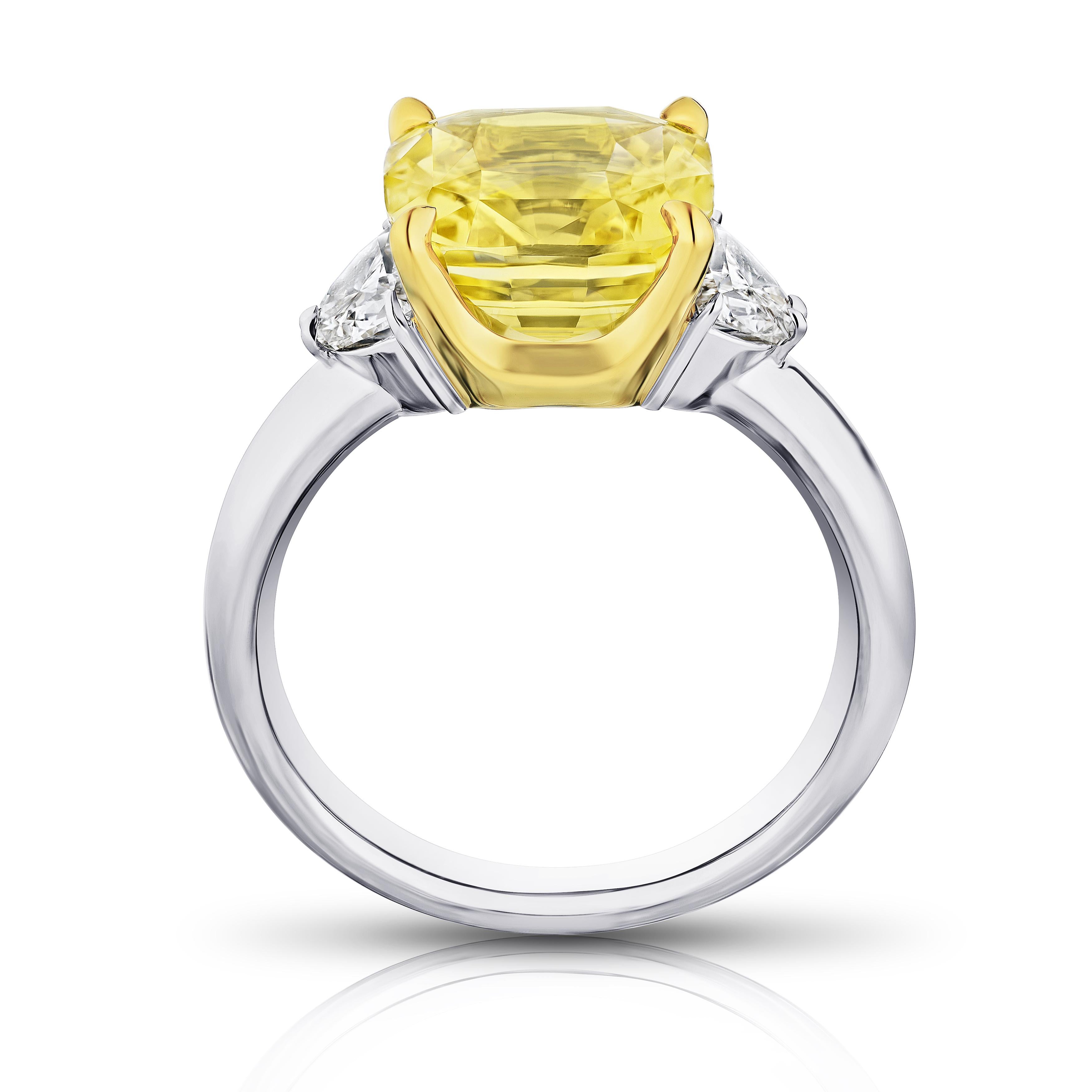 Contemporary 6.51 Carat Cushion Yellow Sapphire and Diamond Ring For Sale