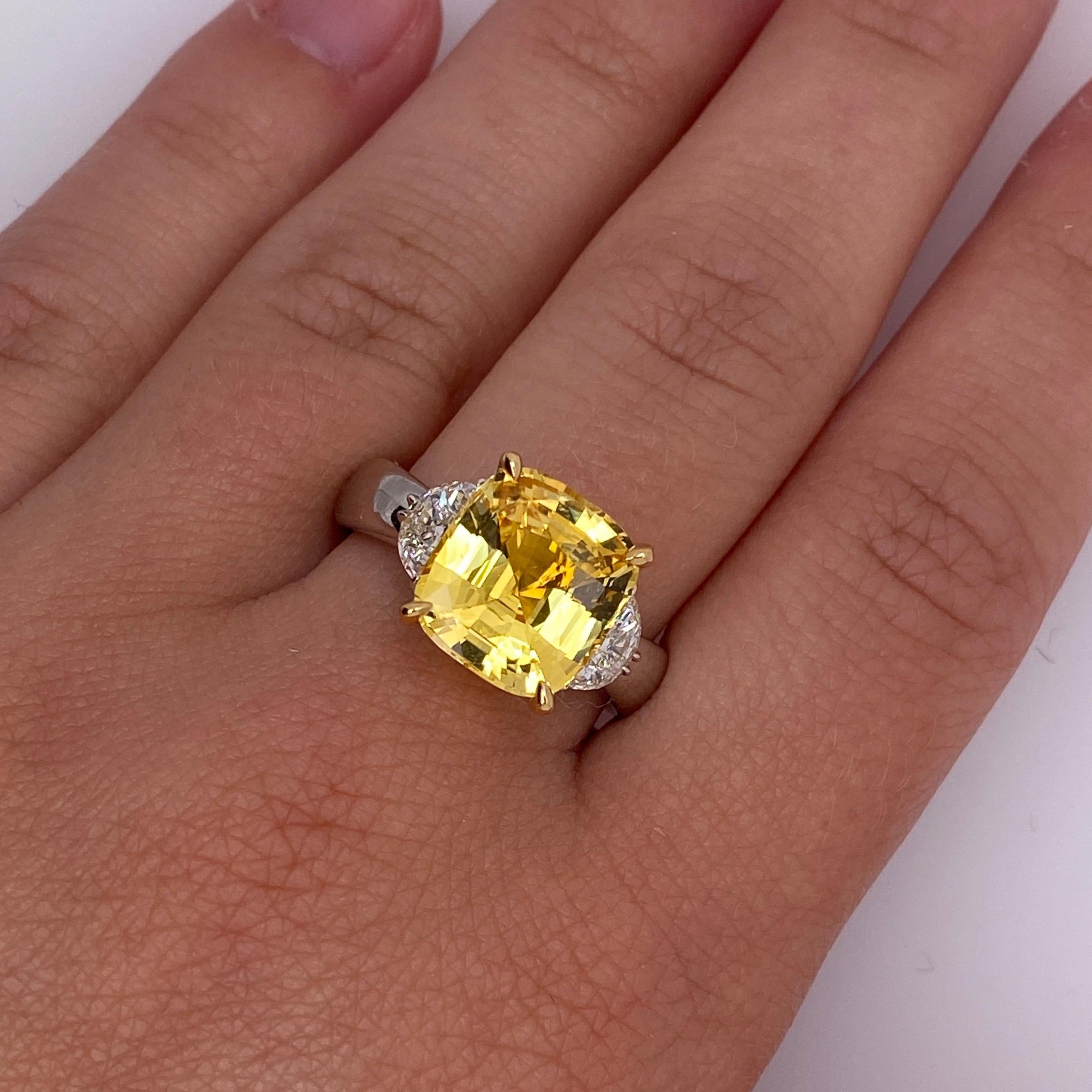 6.51 Carat Cushion Yellow Sapphire and Diamond Ring In New Condition For Sale In New York, NY