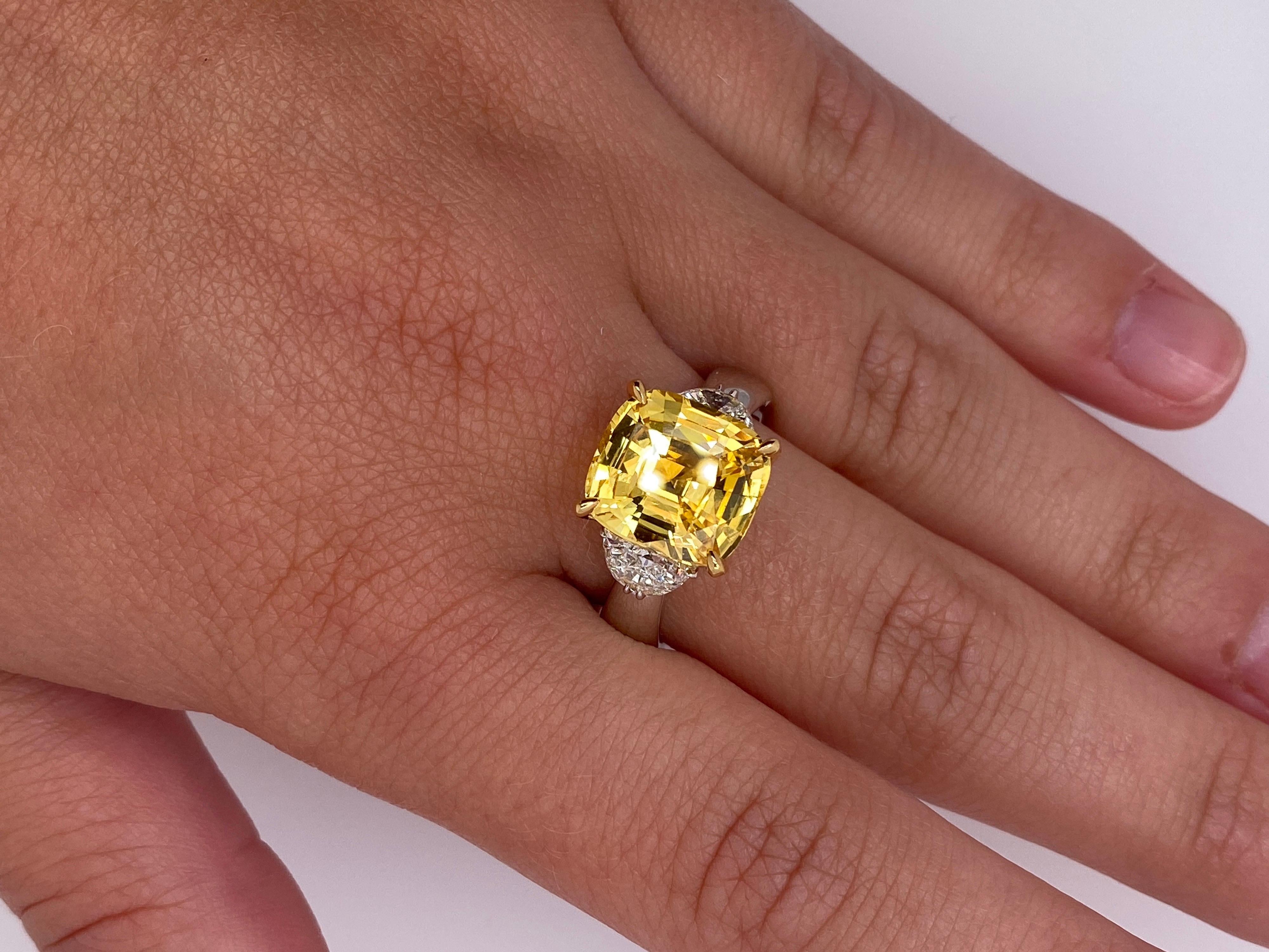 Contemporary 6.51 Carat Cushion Yellow Sapphire and Diamond Ring For Sale