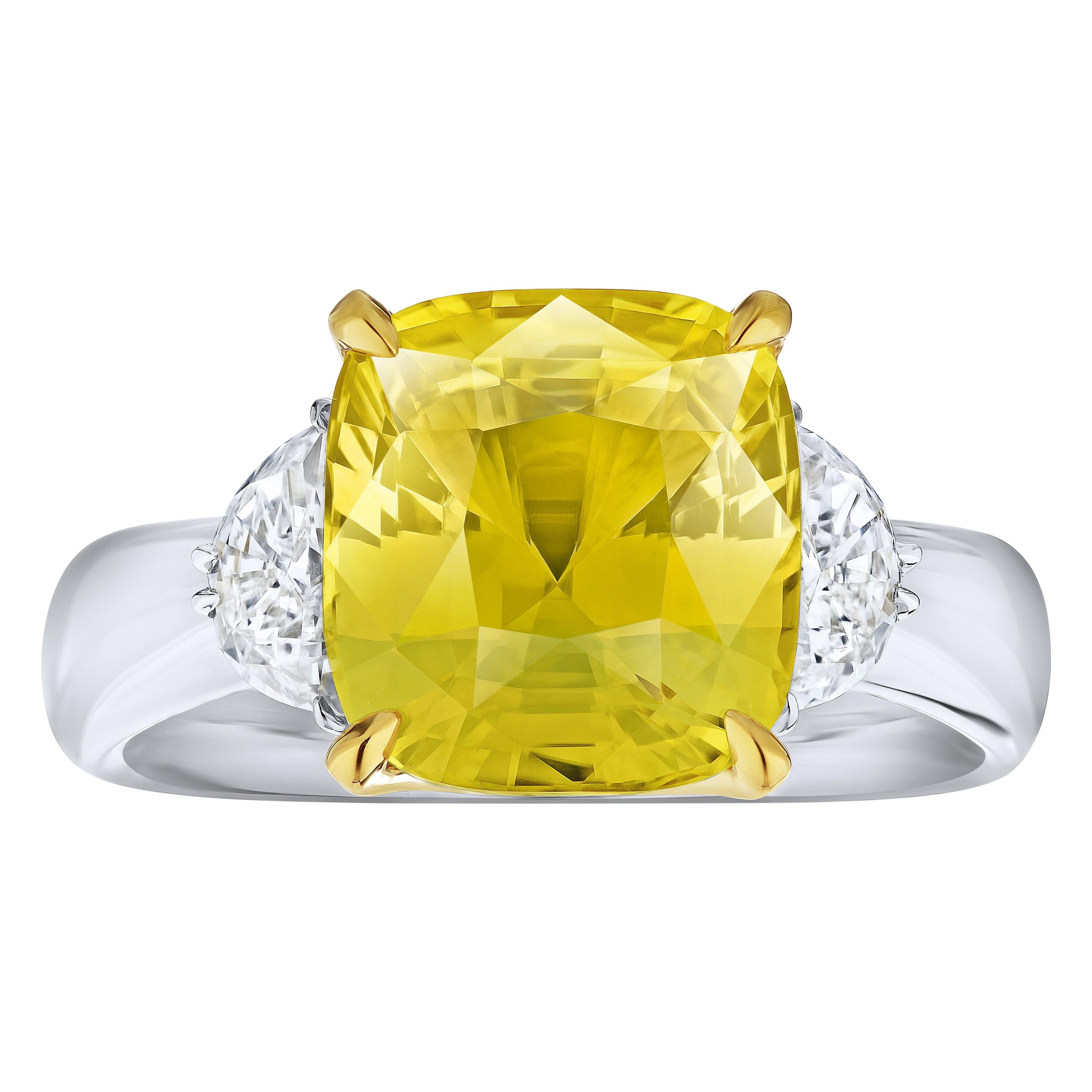 6.51 Carat Cushion Yellow Sapphire and Diamond Ring For Sale