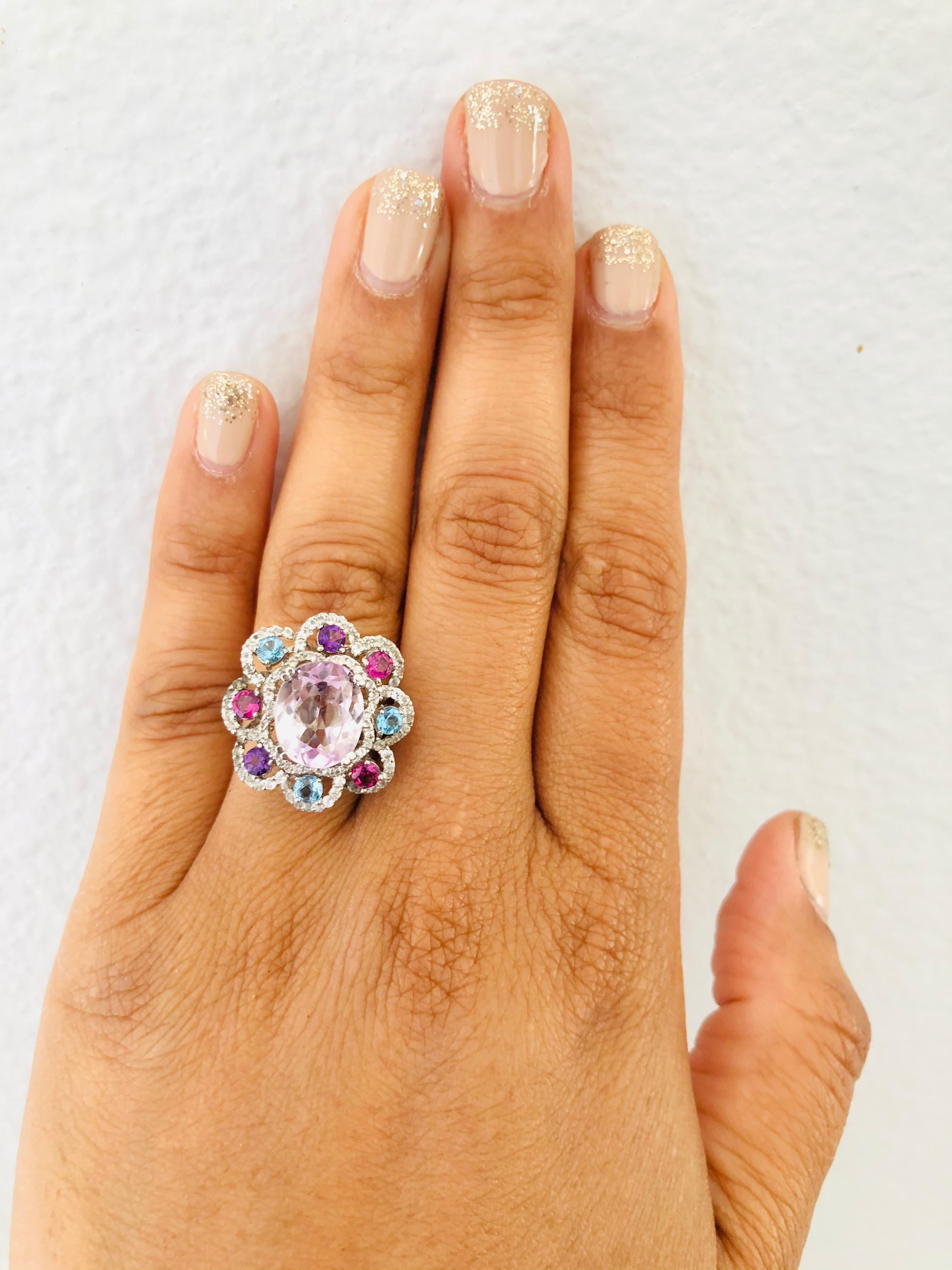 6.51 Carat Kunzite Amethyst Sapphire White Gold Cocktail Ring In New Condition In Los Angeles, CA