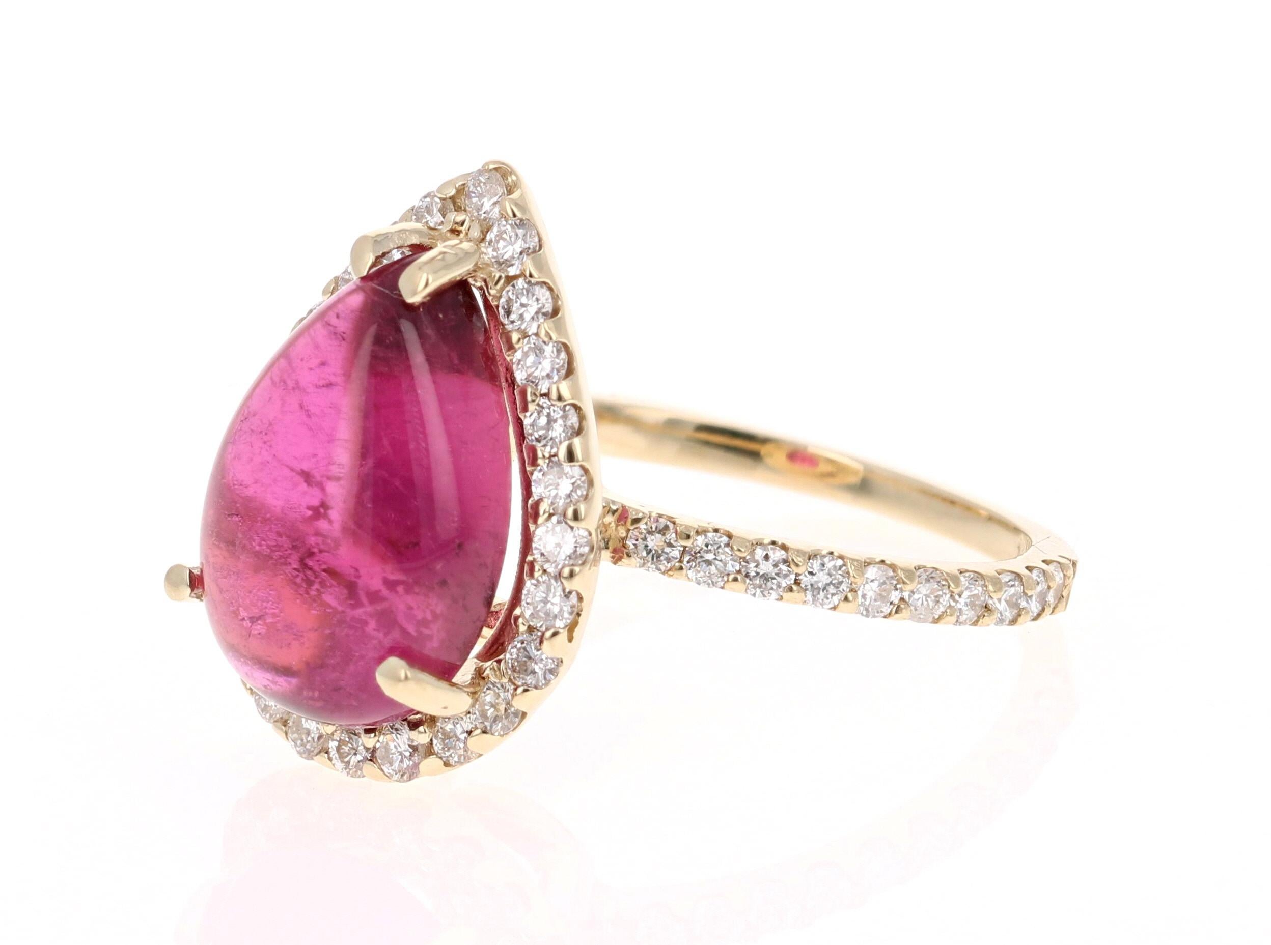 Contemporary 6.51 Carat Pink Tourmaline Diamond Yellow Gold Cocktail Ring For Sale