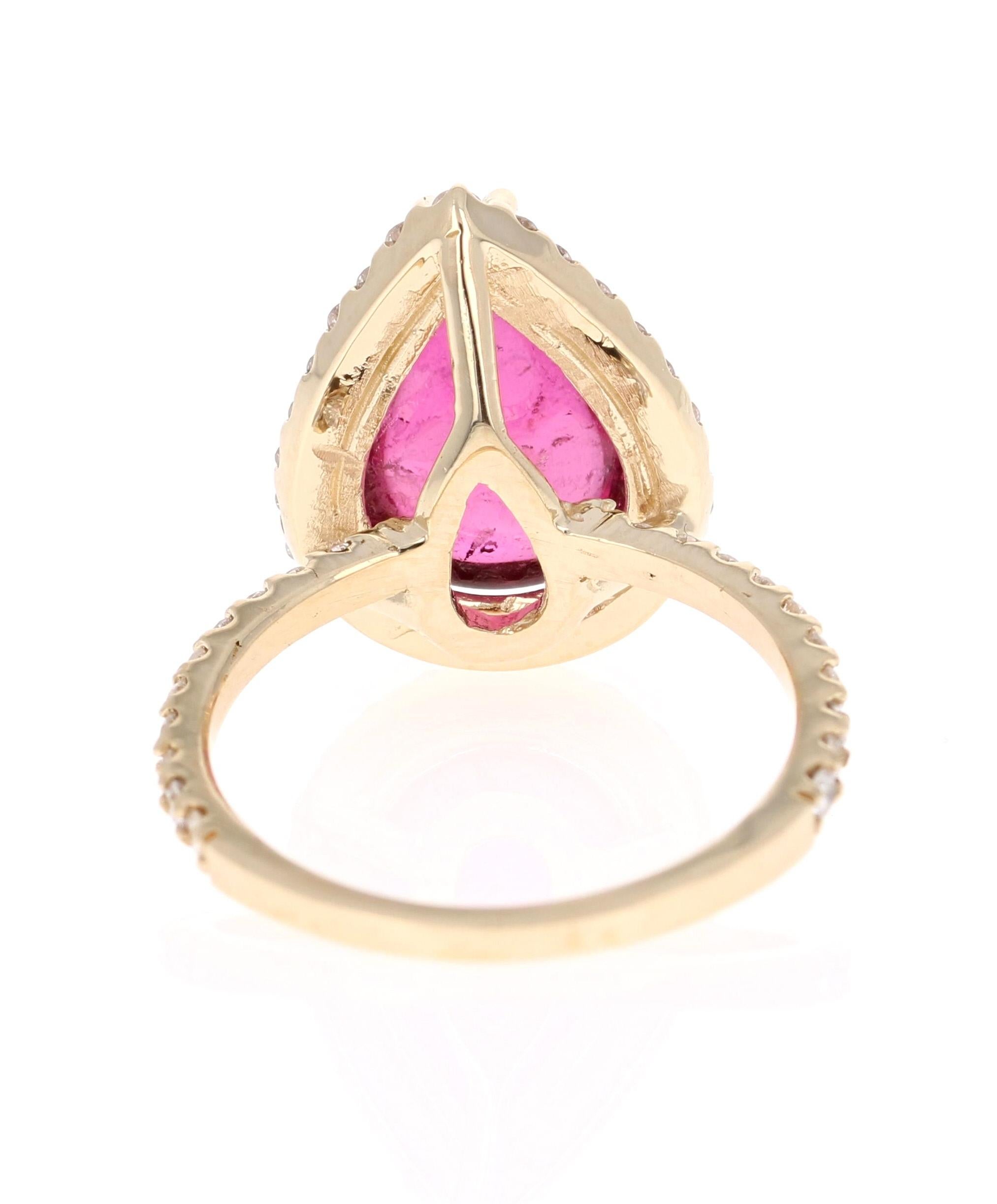 Pear Cut 6.51 Carat Pink Tourmaline Diamond Yellow Gold Cocktail Ring For Sale