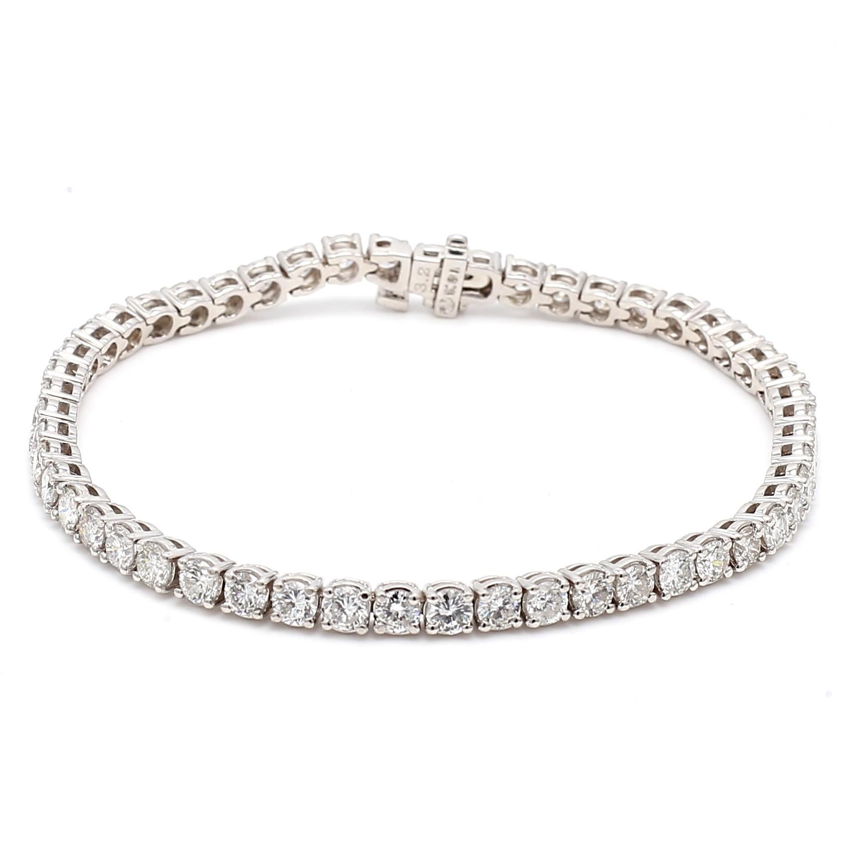 Title:
6.51 Carat Round Brilliant Diamond 14 Karat White Gold Tennis Bracelet


Style:
Tennis


Metal:
14 Karat White Gold


Gemstone 1:
6.51 Carat Diamond


Number of Stones:
51


Shape:
Round Brilliant


Dimension:
7 inch


Weight:
11.6