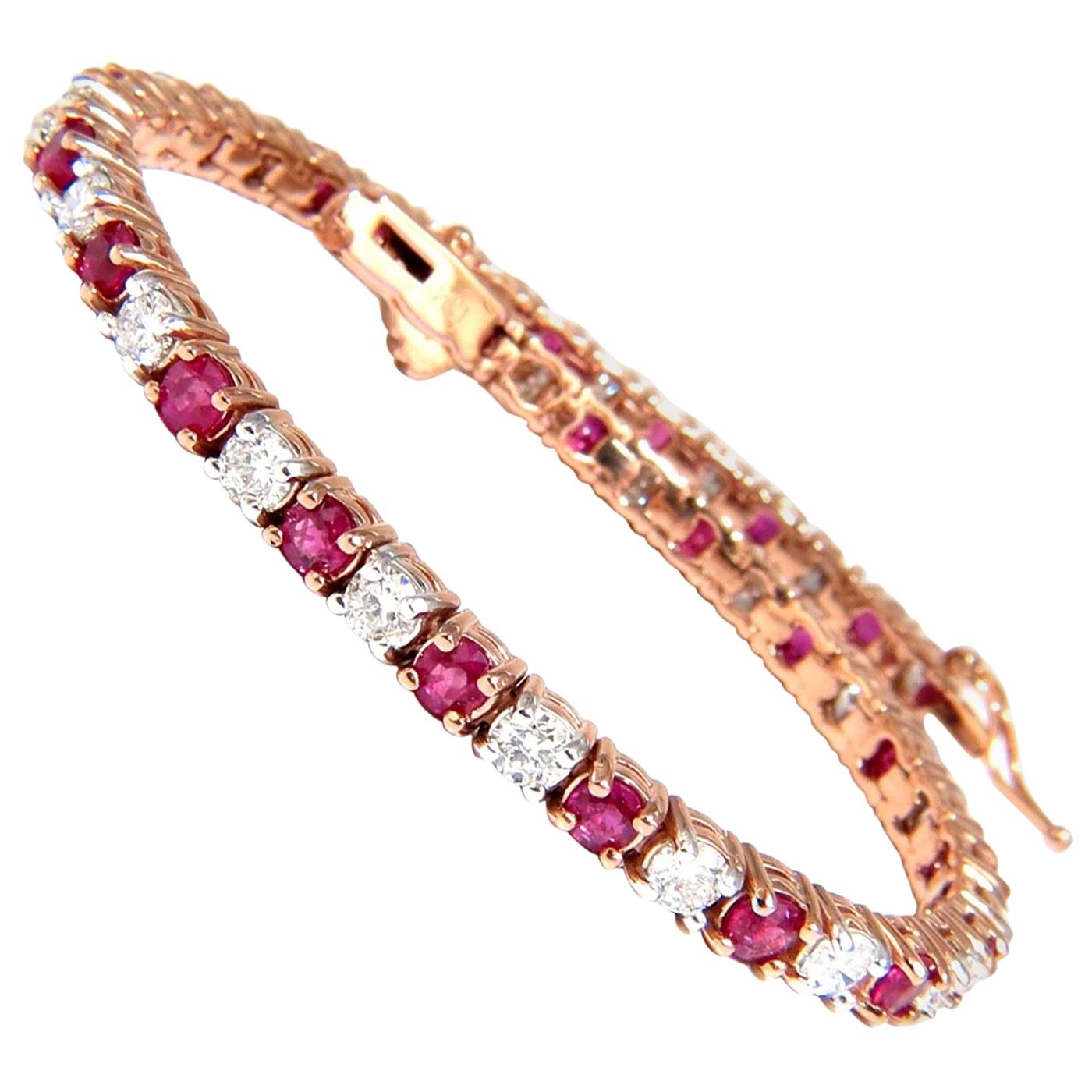 Bracelet tennis 14 carats alternant diamants et rubis naturels rouge vif de 6,51 carats