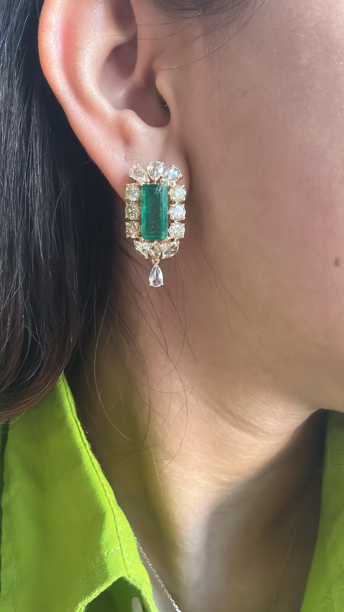 6.51 carats, natural Zambian Emeralds & Yellow Rose Cut Diamonds Dangle Earrings 5