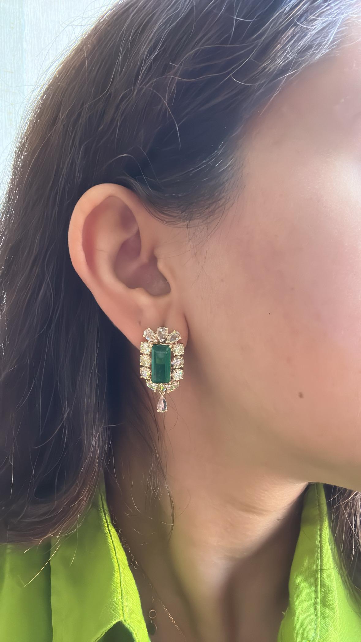 6.51 carats, natural Zambian Emeralds & Yellow Rose Cut Diamonds Dangle Earrings 6