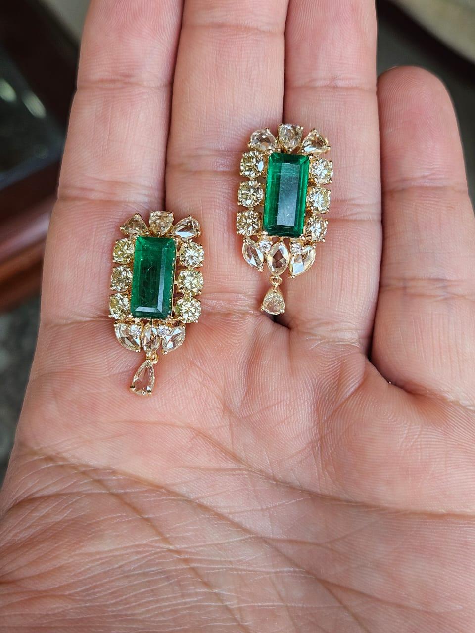 Modern 6.51 carats, natural Zambian Emeralds & Yellow Rose Cut Diamonds Dangle Earrings