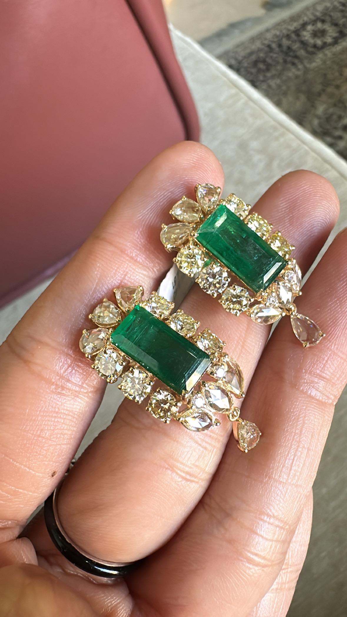 6.51 carats, natural Zambian Emeralds & Yellow Rose Cut Diamonds Dangle Earrings 1