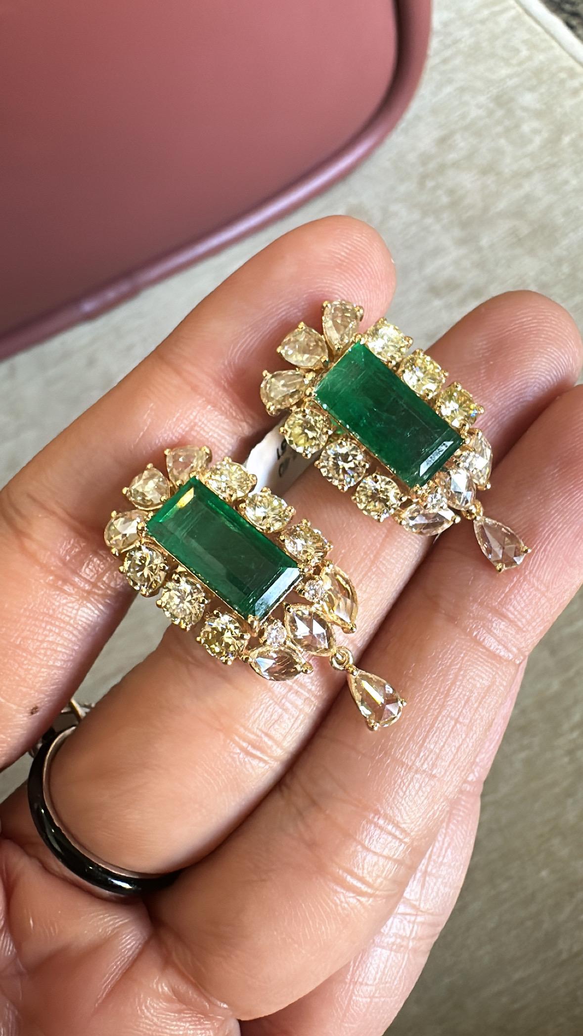 6.51 carats, natural Zambian Emeralds & Yellow Rose Cut Diamonds Dangle Earrings 2