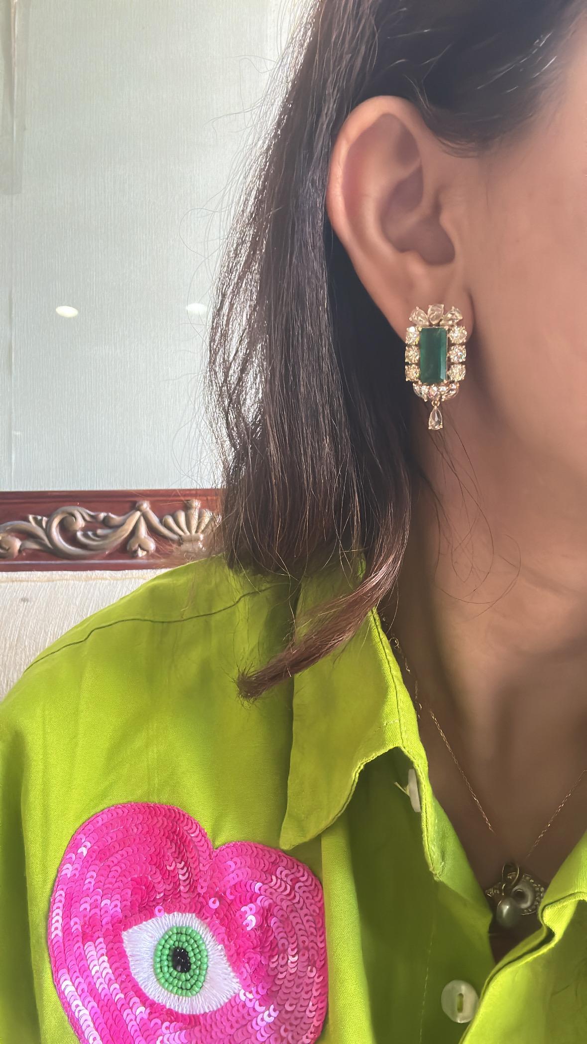 6.51 carats, natural Zambian Emeralds & Yellow Rose Cut Diamonds Dangle Earrings 3