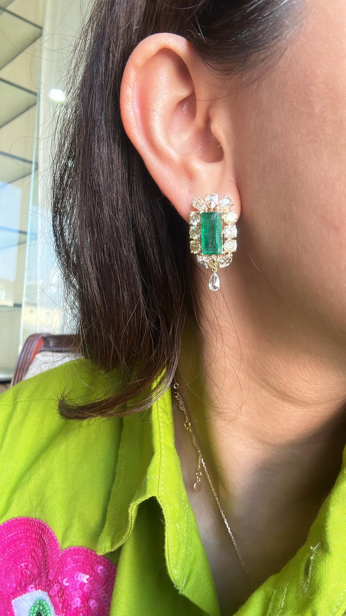 6.51 carats, natural Zambian Emeralds & Yellow Rose Cut Diamonds Dangle Earrings 4