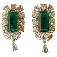 6.51 carats, natural Zambian Emeralds & Yellow Rose Cut Diamonds Dangle Earrings