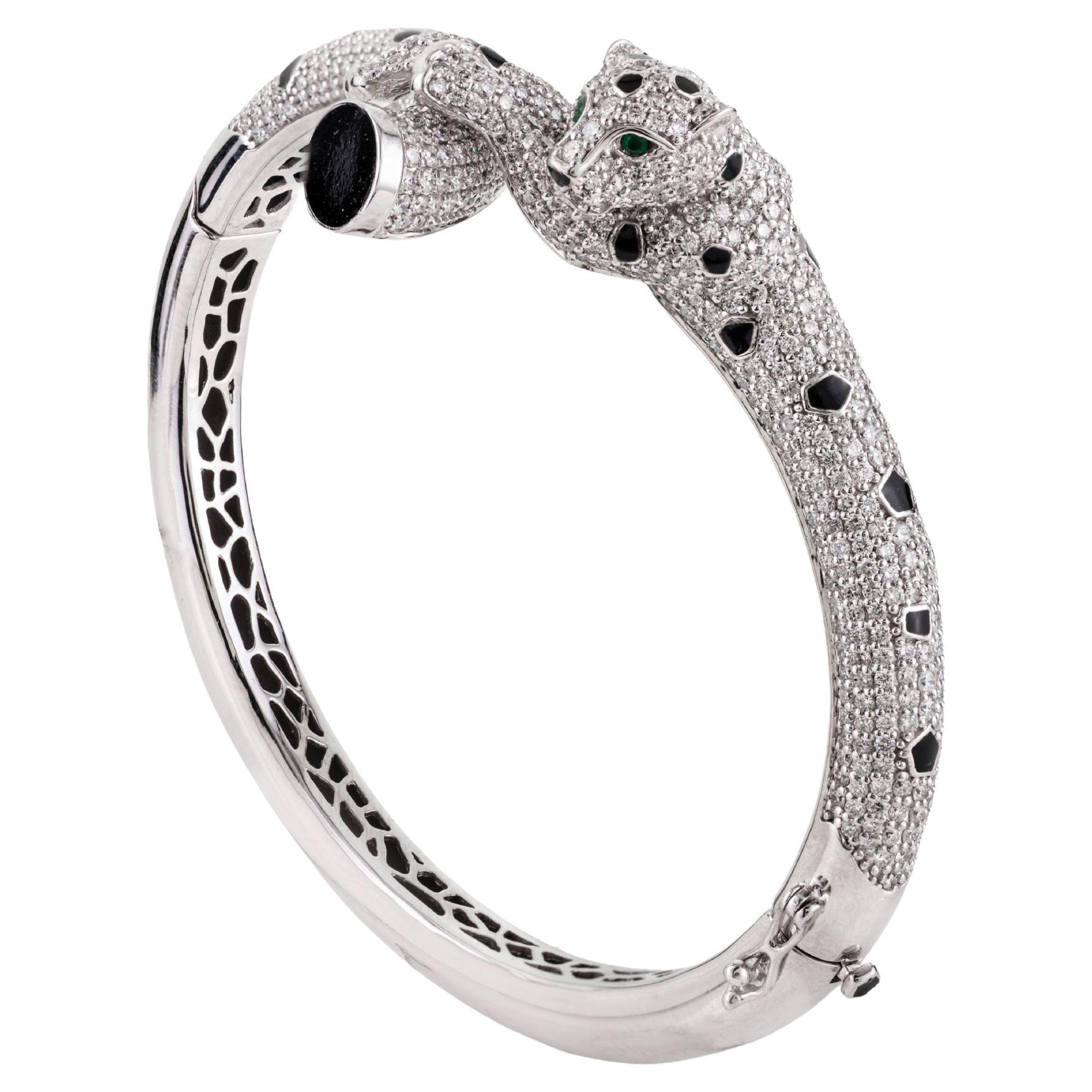 6.51 Ct Diamond Pave Panther Wrap Bangle Bracelet Emerald Eyes 14K White Gold