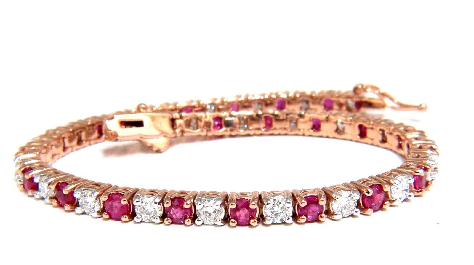 Ruby & Classic Alternating Tennis.

3.74ct. Natural ruby bracelet.

Rounds, full cuts 

Clean clarity

Transparent & Vivid Reds.

Average 3.5mm each

2.77ct Natural Diamonds

Rounds & full cuts

Vs-s clarity G-color

14kt. pink gold 

14.1 Grams.

7