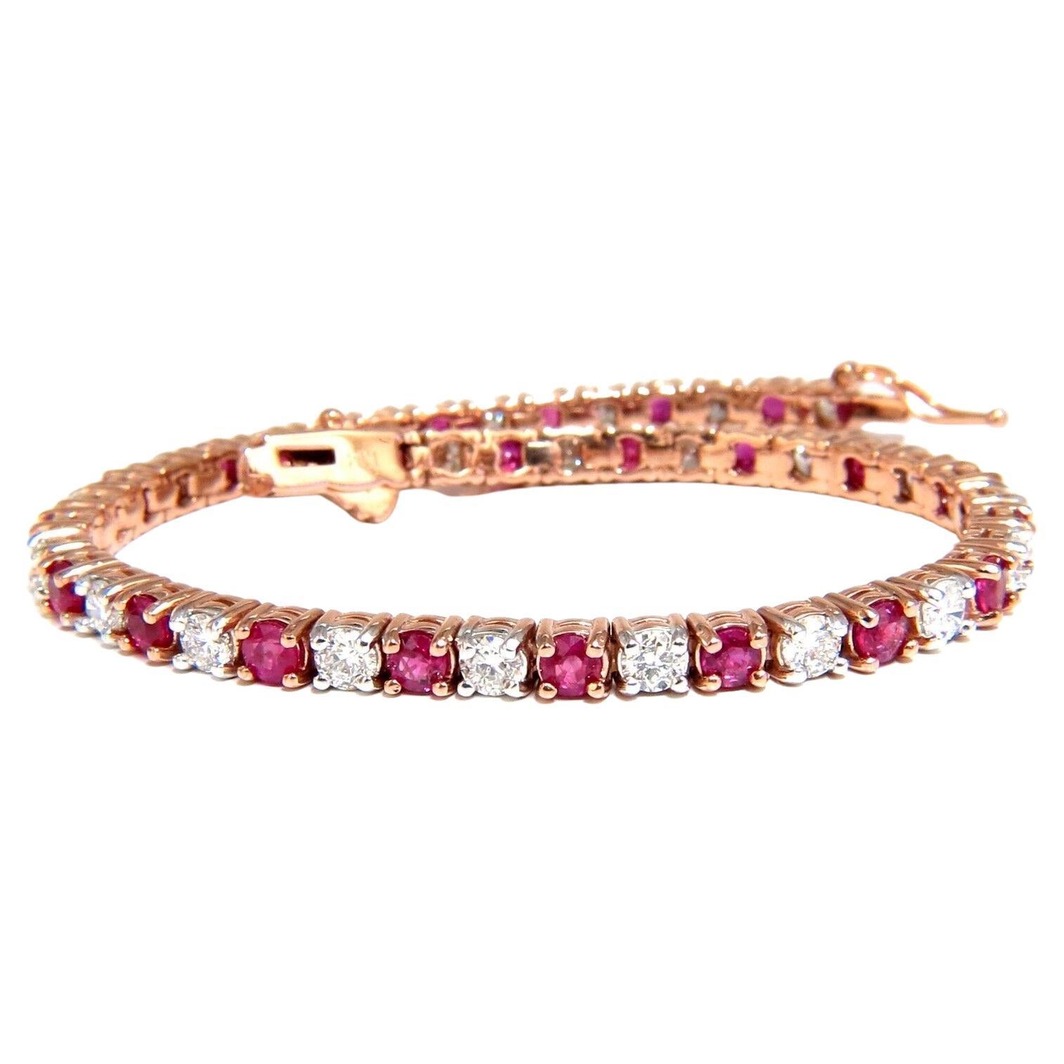 6.51ct Vivid Red Natural Ruby Diamonds Alternating Tennis Bracelet 14kt For Sale