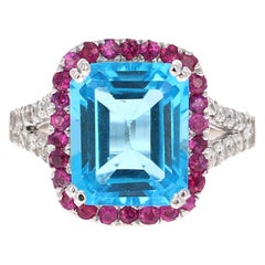 6.52 Carat Blue Topaz Pink Sapphire Diamond 14 Karat White Gold Engagement Ring