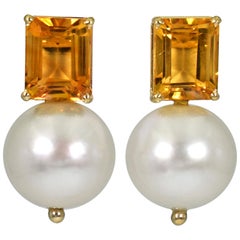 6.52 Carat Citrine and Freshwater Pearl 14 Karat Gold Drop Stud Earrings