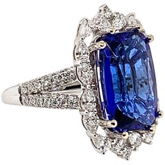 6.52 Carat Cushion Shaped Tanzanite Ring in 18 Karat White Gold with Diamonds