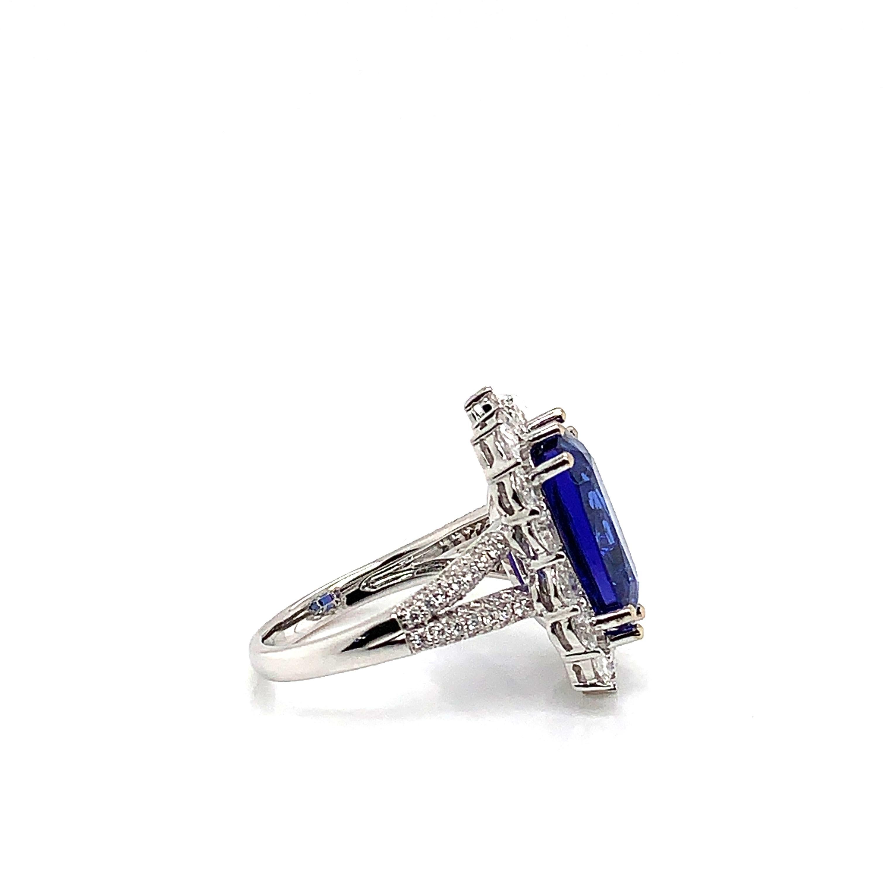 Cushion Cut 6.52 Carat Cushion Shaped Tanzanite Ring in 18 Karat White Gold with Diamonds For Sale