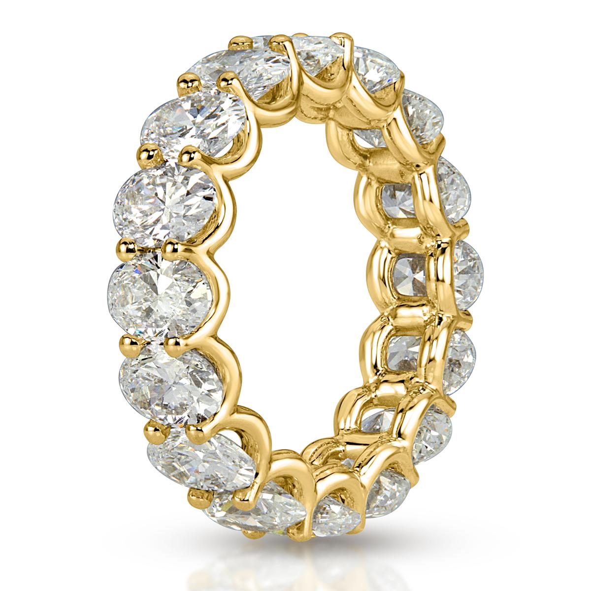 This strikingly beautiful diamond eternity band showcases 6.52ct of perfectly matched oval cut diamonds graded at E-F in color, VS1-VS2 in clarity. The diamonds are each hand selected and set in a sturdy, 18k yellow gold 