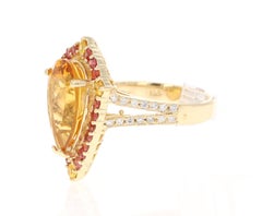 6.52 Carat Pear Cut Citrine Sapphire Diamond Yellow Gold Engagement Ring