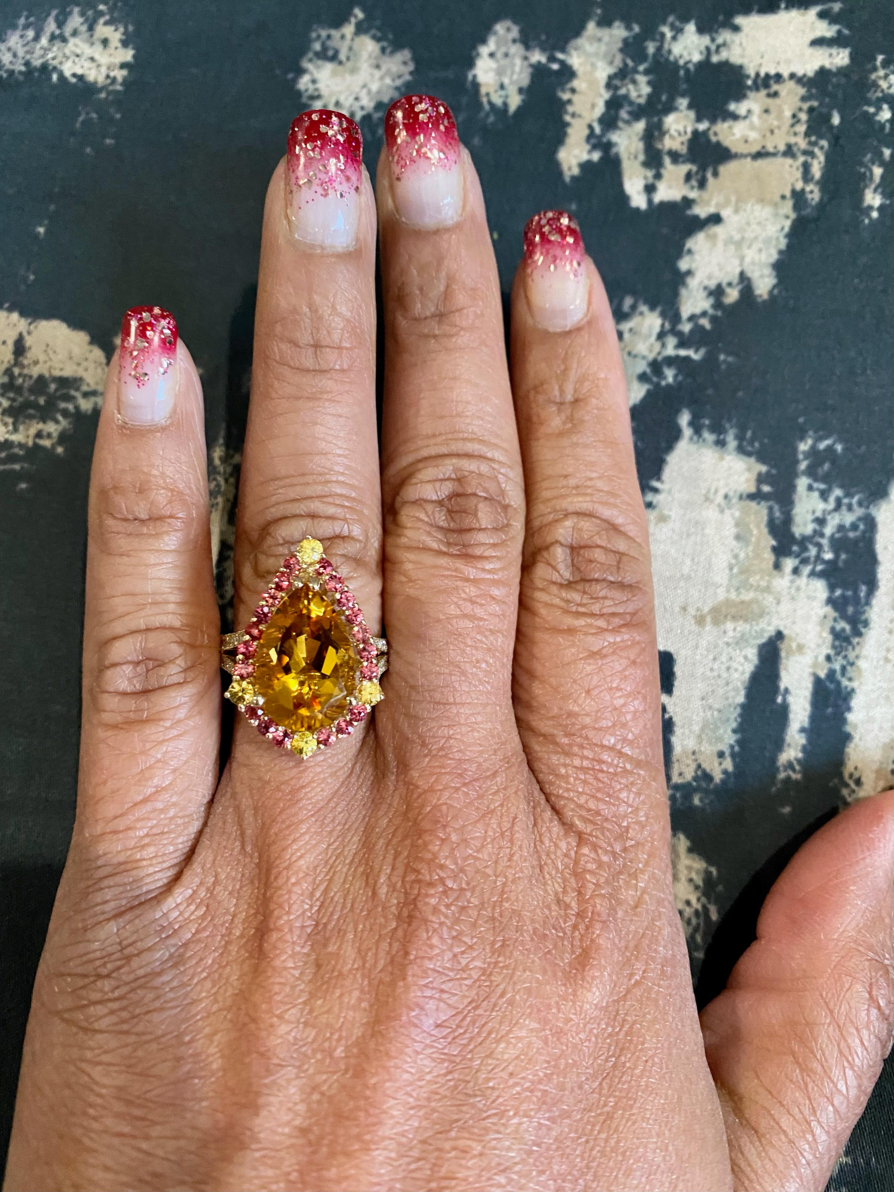 6.52 Carat Pear Cut Citrine Sapphire Diamond Yellow Gold Engagement Ring In New Condition For Sale In Los Angeles, CA