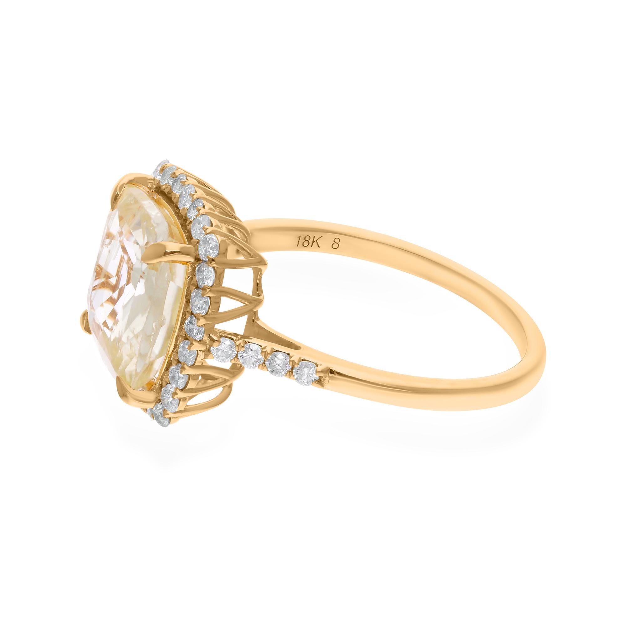 Modern 6.52 Carat Solitaire Yellow Sapphire Ring 0.60 Ct. SI/H Diamond 18k Yellow Gold For Sale