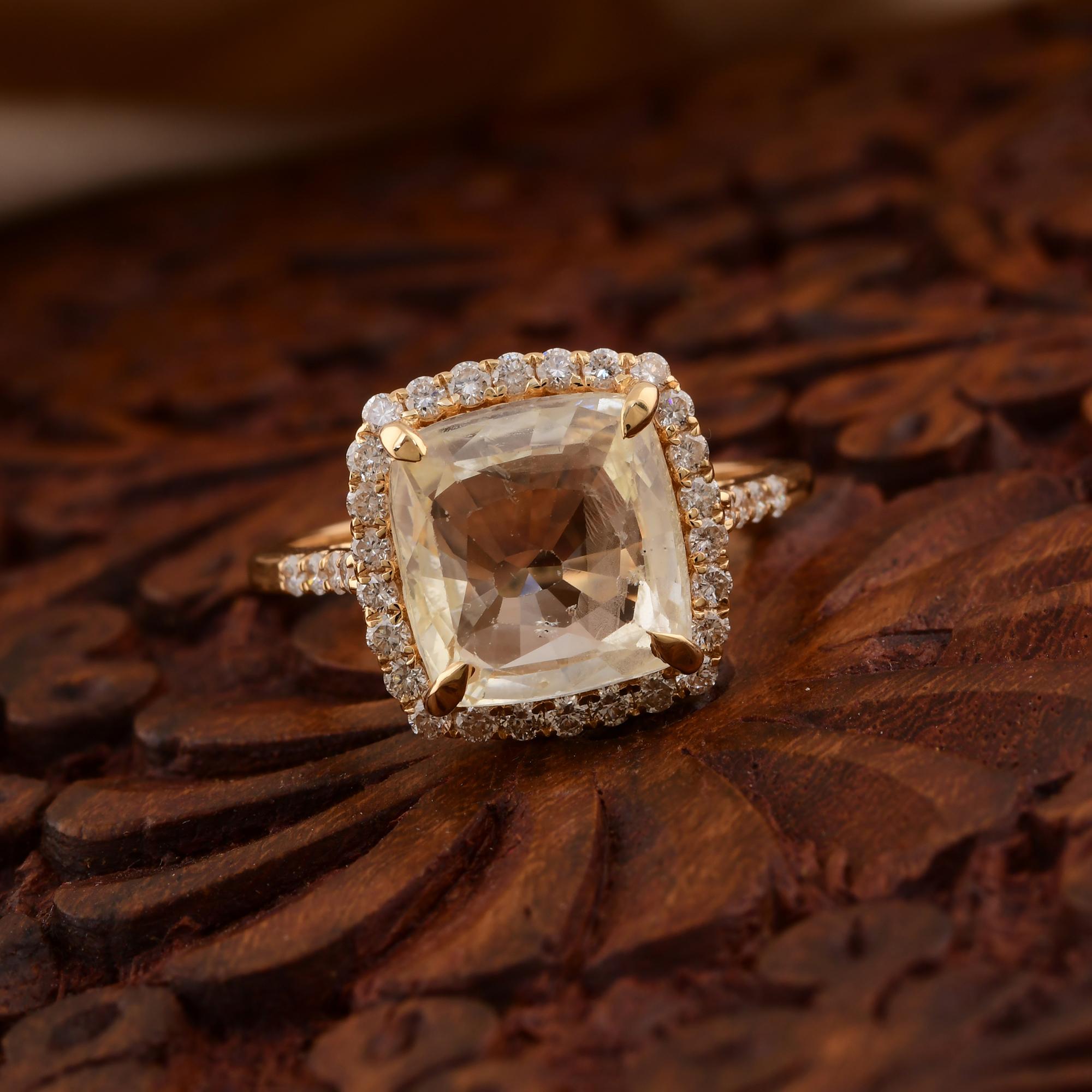 Cushion Cut 6.52 Carat Solitaire Yellow Sapphire Ring 0.60 Ct. SI/H Diamond 18k Yellow Gold For Sale