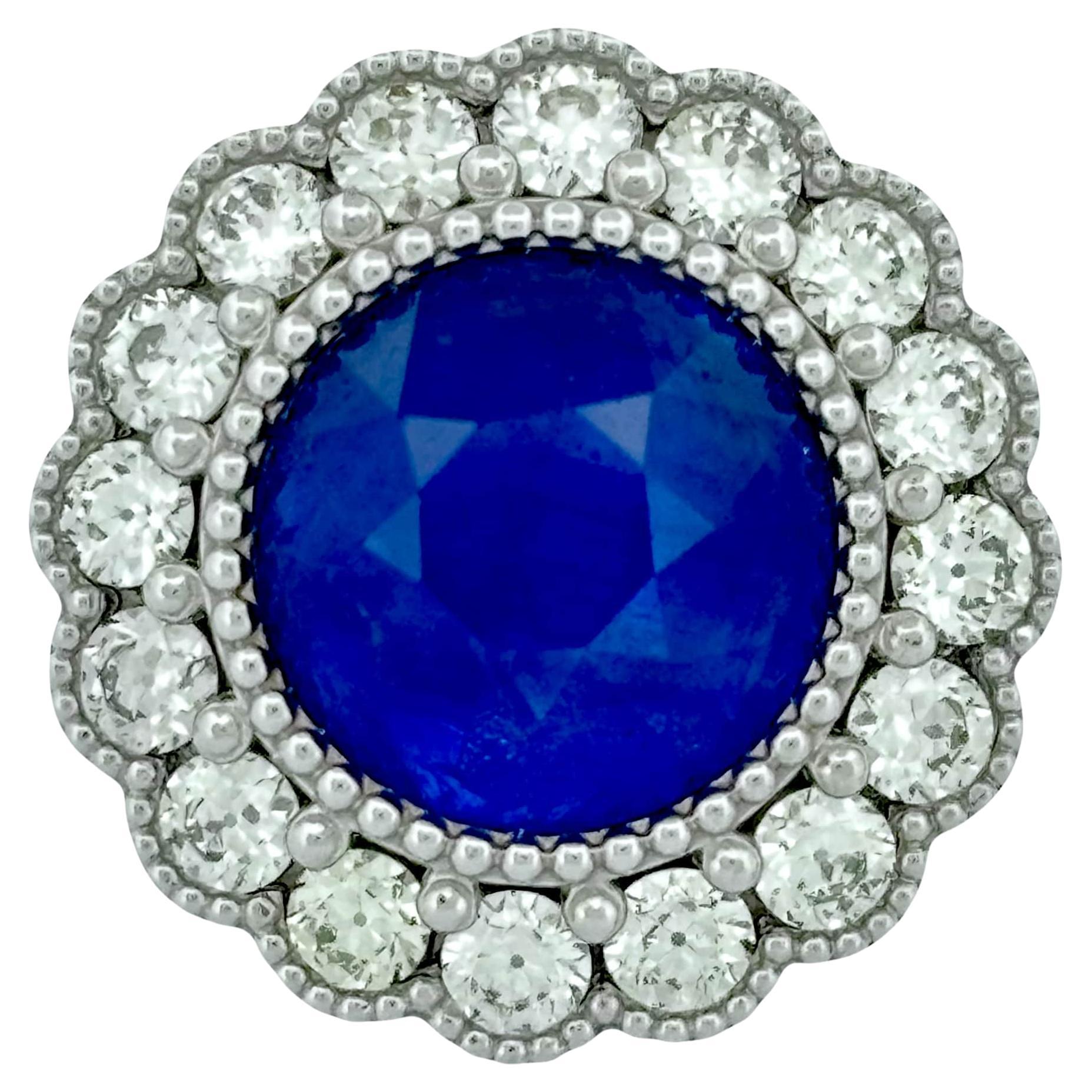 6.52 Ct Round Ceylon Sapphire Ring with Old Mine Cut Diamonds in 18K White Gold For Sale