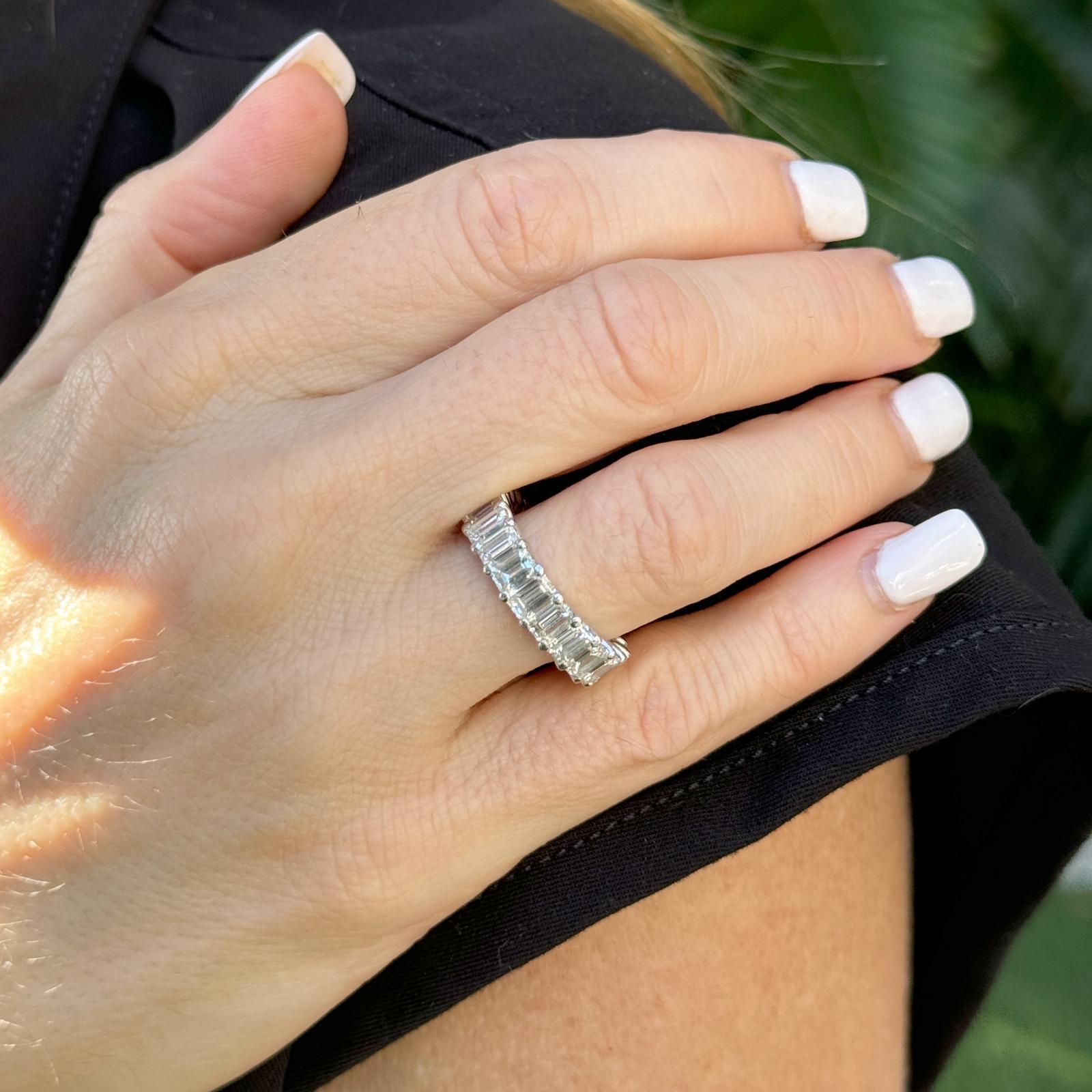6.52 CTW Emerald Cut Diamond 18K White Gold Eternity Wedding Band Ring Size 6 For Sale 1