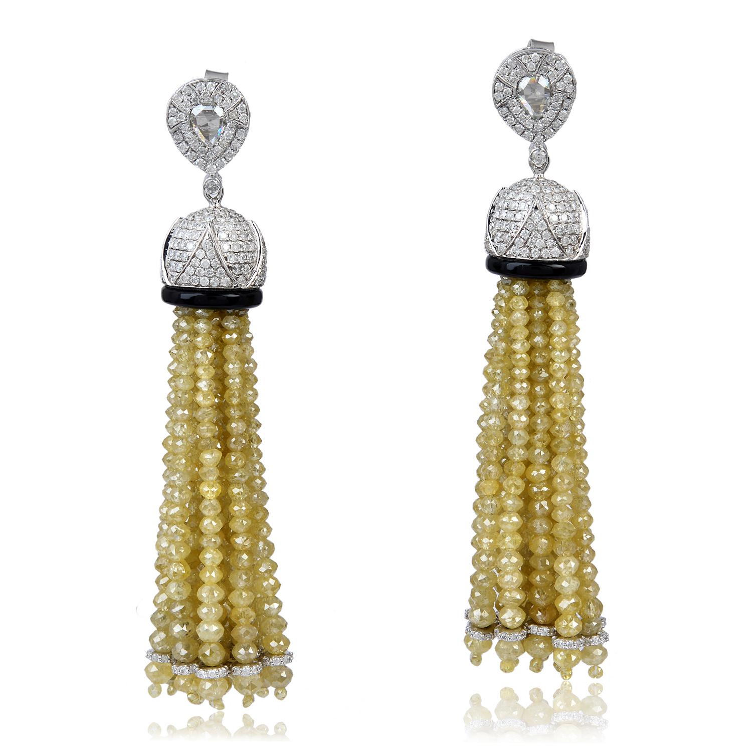 Bead 65.26 Carat Diamond 18 Karat Gold Drop Tassel Earrings For Sale