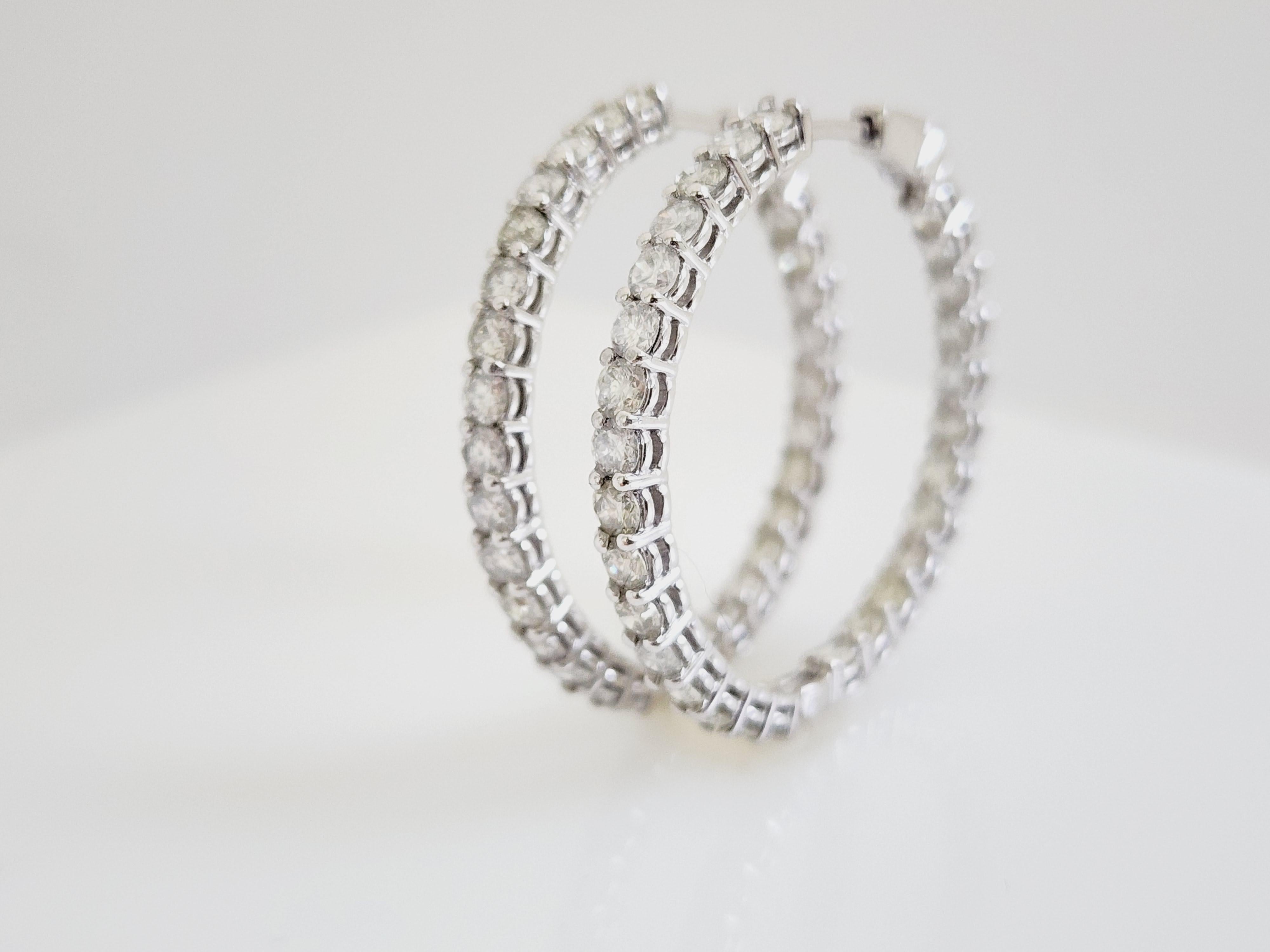 Round Cut 6.53 Carat Diamond Hoops Earrings 14 Karat White Gold For Sale