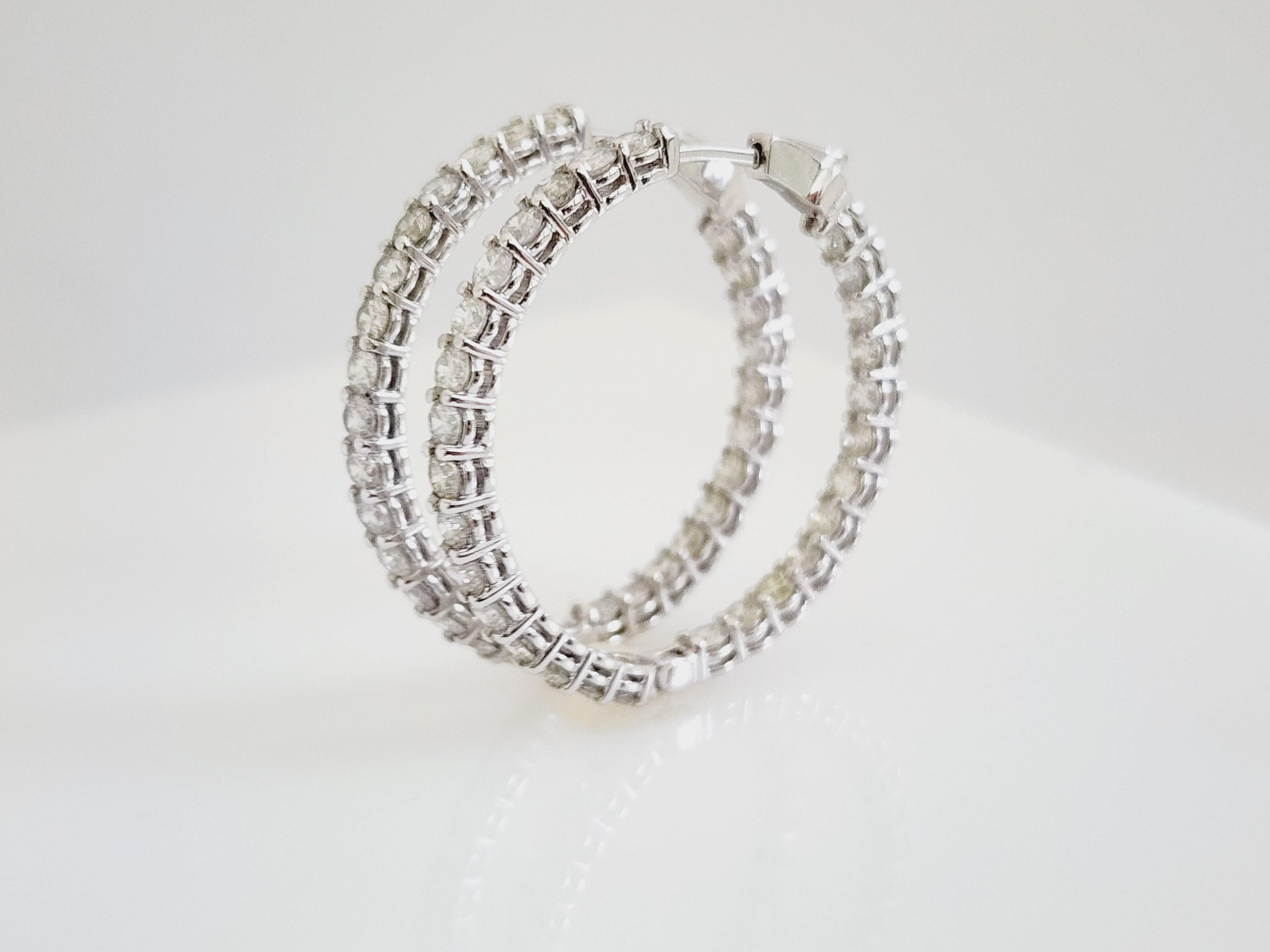 6.53 Carat Diamond Hoops Earrings 14 Karat White Gold In New Condition For Sale In Great Neck, NY