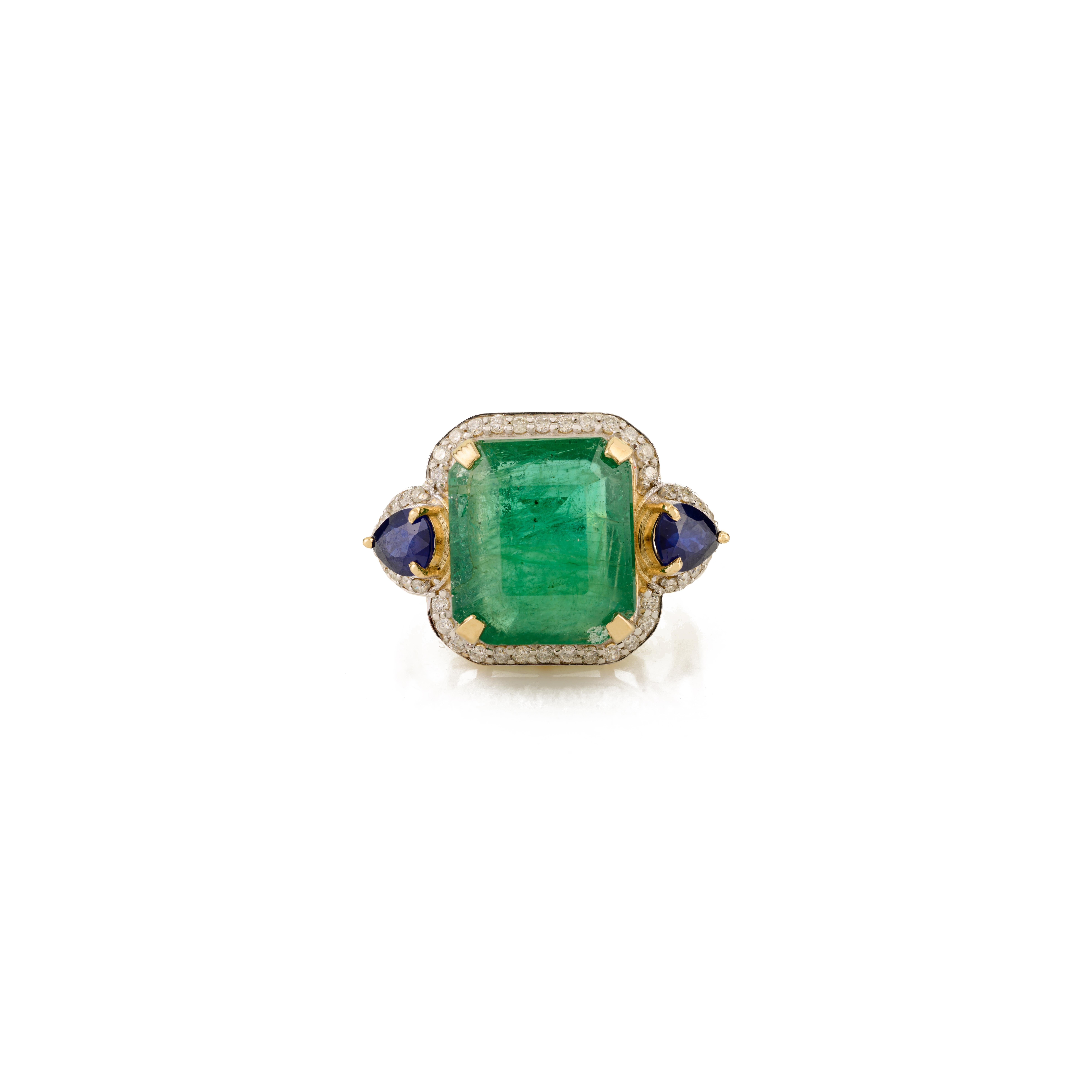 Im Angebot: 6,53 Karat Smaragd Saphir und Diamant Statement Cocktail Ring in 14K Gelb () 9