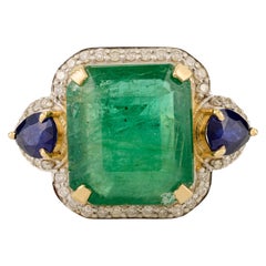 6,53 Karat Smaragd Saphir und Diamant Statement Cocktail Ring in 14K Gelb