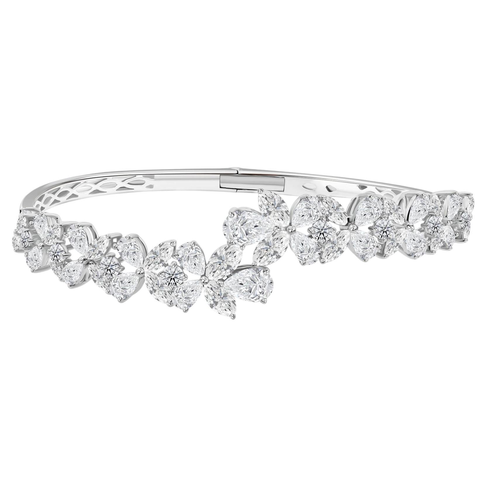 6.53 Carat Natural Pear and Marquise Diamond Floral Cuff Bangle 18K White Gold For Sale
