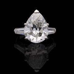 6.53 Carat Old-Cut Pear Shape Diamond Ring with Tapered Baguette Shoulders