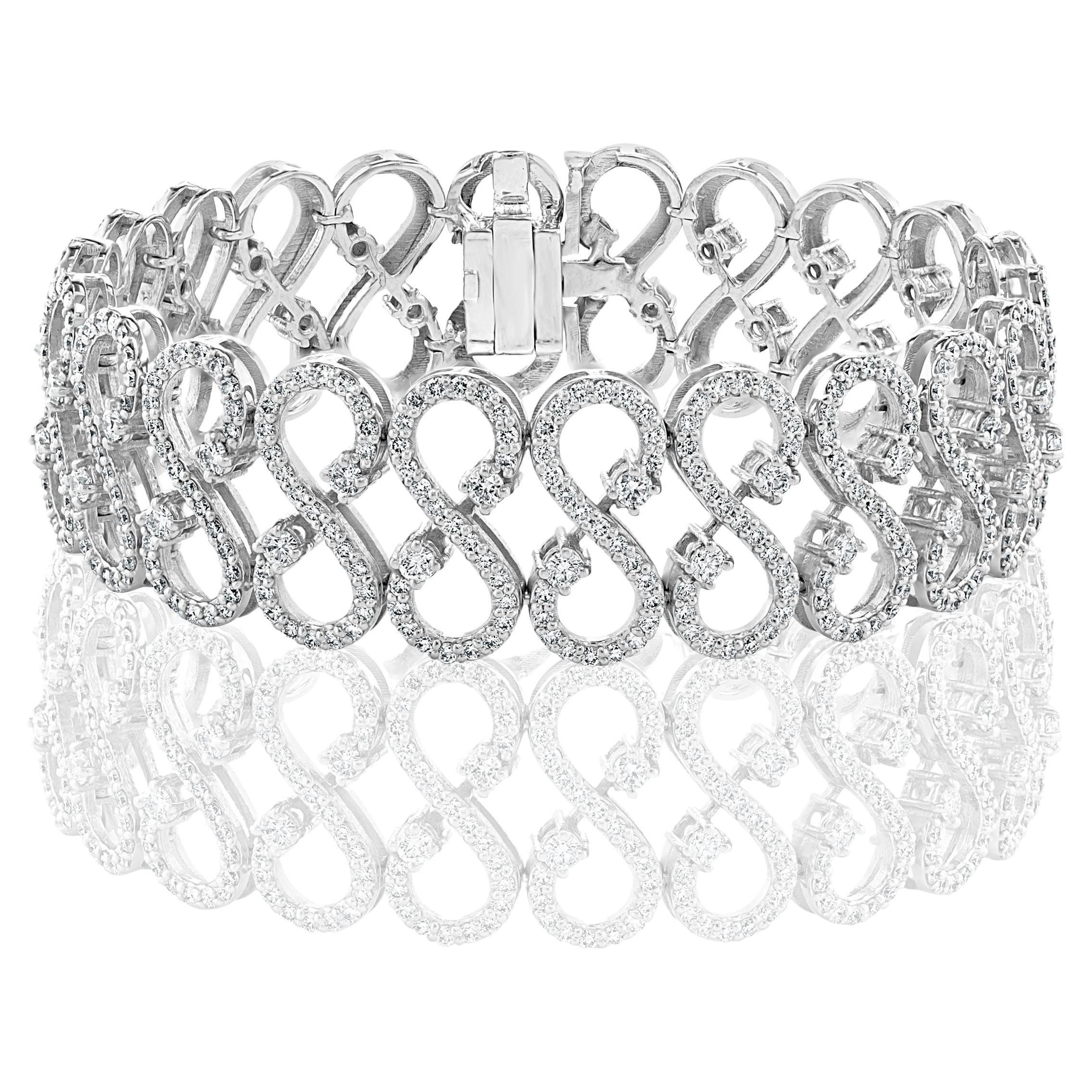 6.53 Carat Open-Work Diamond White Gold Wide Bracelet in 14K White Gold For Sale